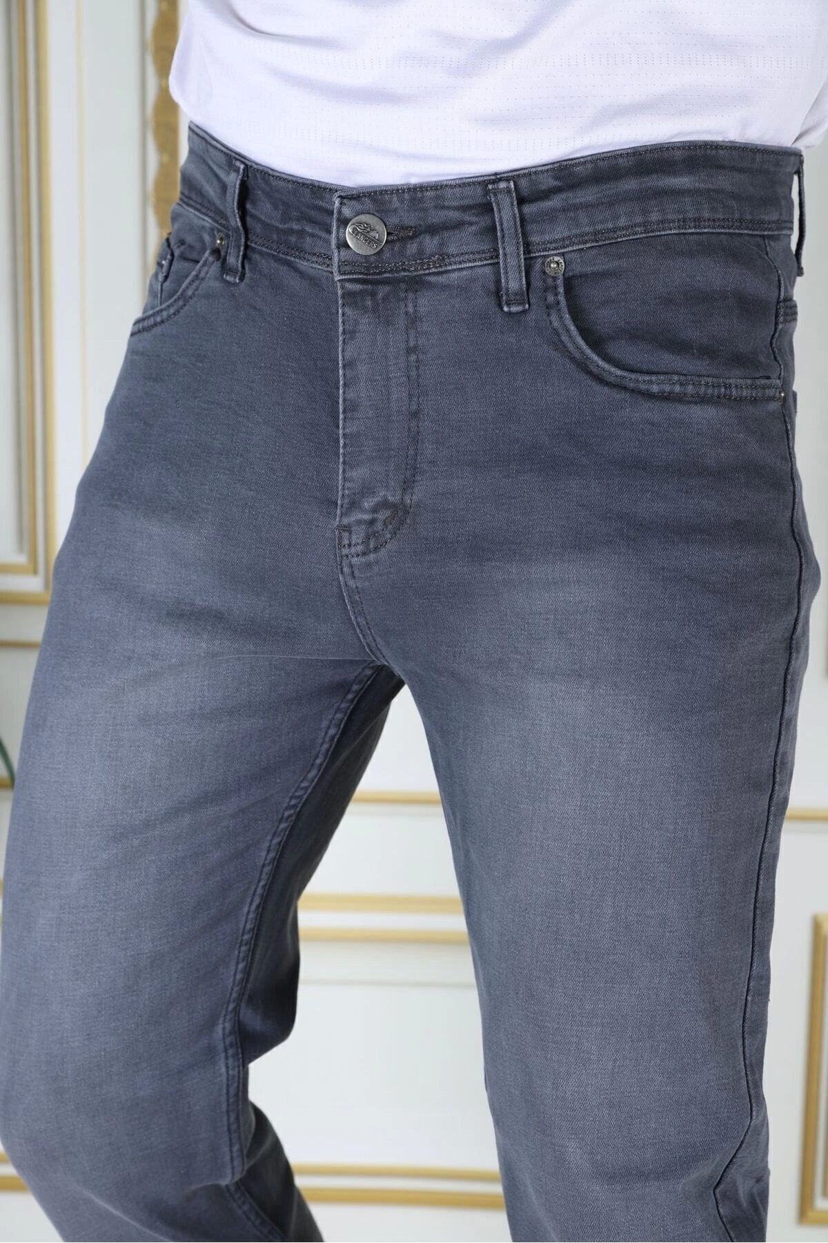 Erkek Gri Regular Fit Rahat Kesim Esnek Likralı Denim Jeans Şık Kot Pantolon