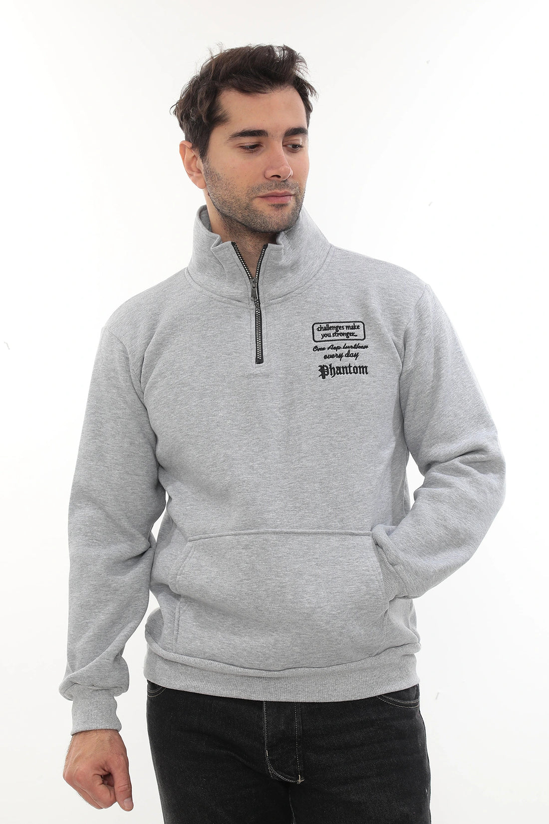 Erkek Açık Gri Standart Fit Normal Kesim Içi Polarlı Yarım Fermuarlı Dik Bato Yaka Pamuklu Sweatshir