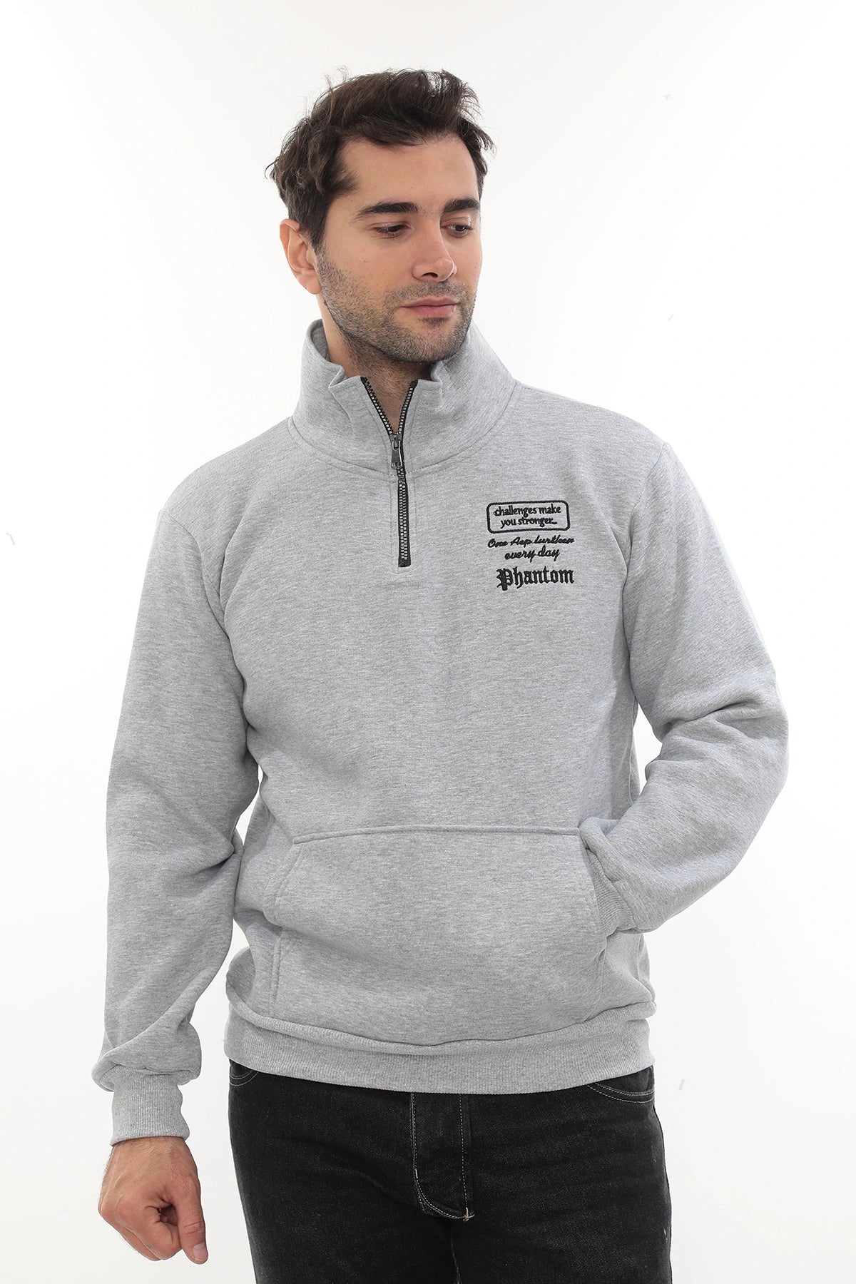 Erkek Açık Gri Standart Fit Normal Kesim Içi Polarlı Yarım Fermuarlı Dik Bato Yaka Pamuklu Sweatshir
