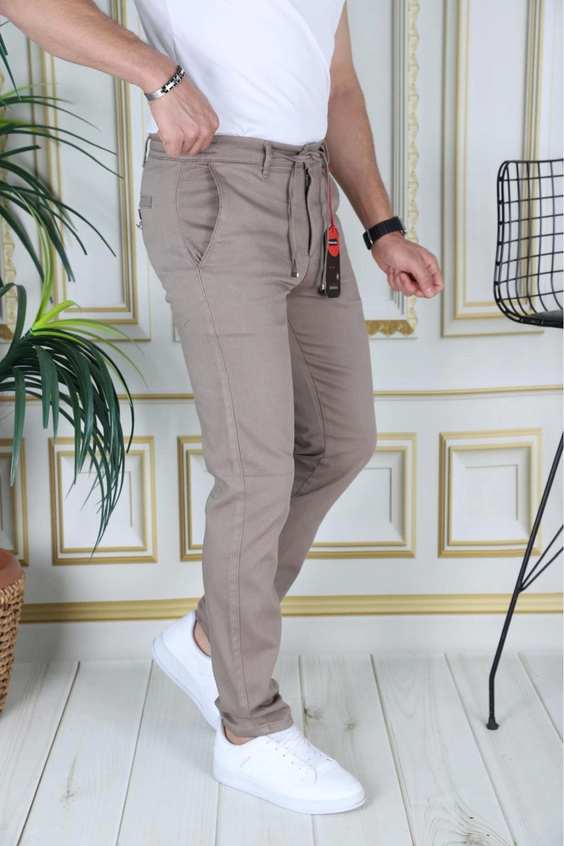 Erkek Kahve Slim Fit Esnek Likralı Armürlü Keten Pantolon Bağcıklı Kemerli Bel Lastikli Şık Pantolon