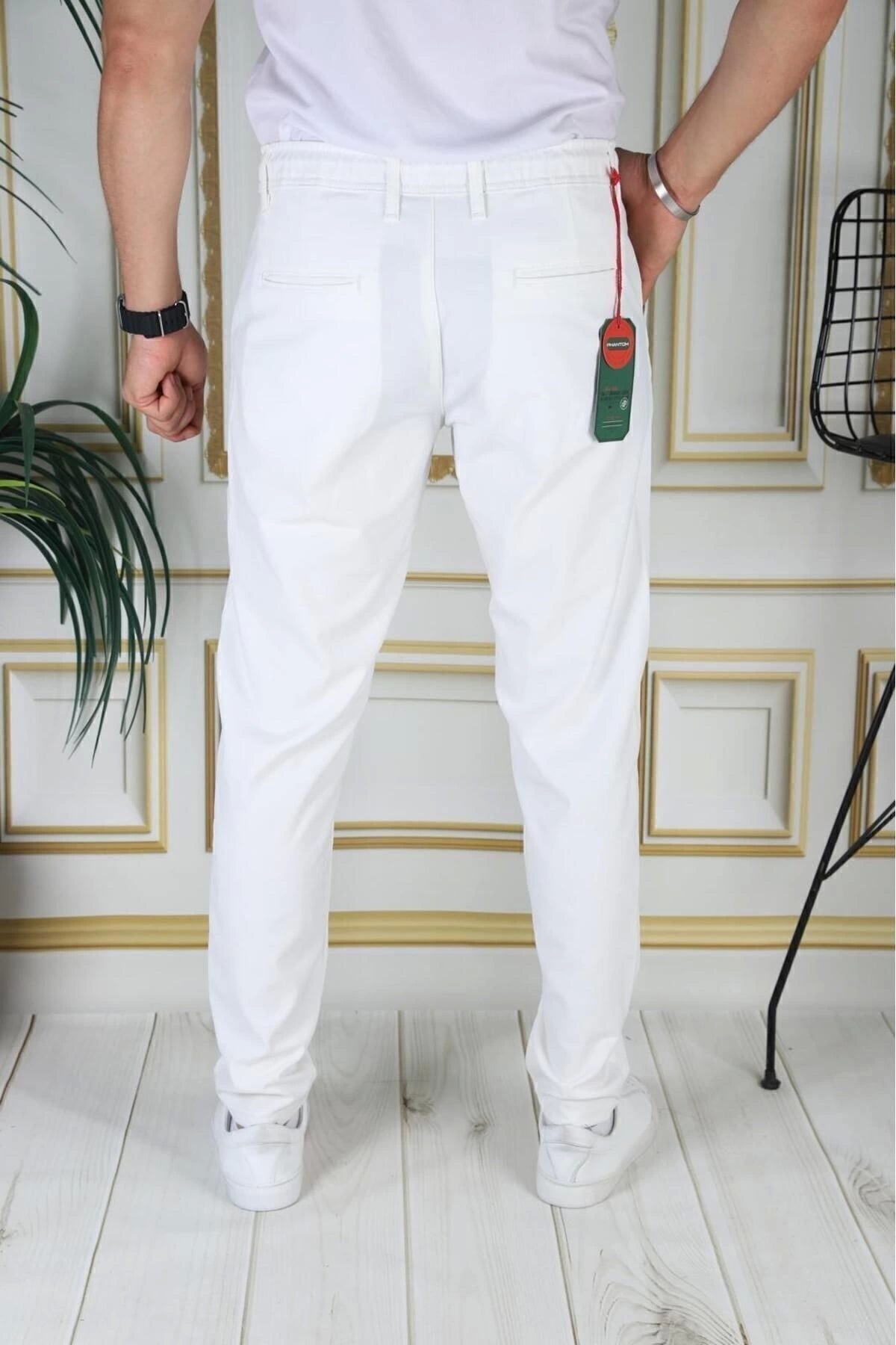 Erkek Beyaz Italyan Kesim Esnek Slim Fit Likralı Lastikli Şık Koton Kumaş Pantolon Okul Hemşire