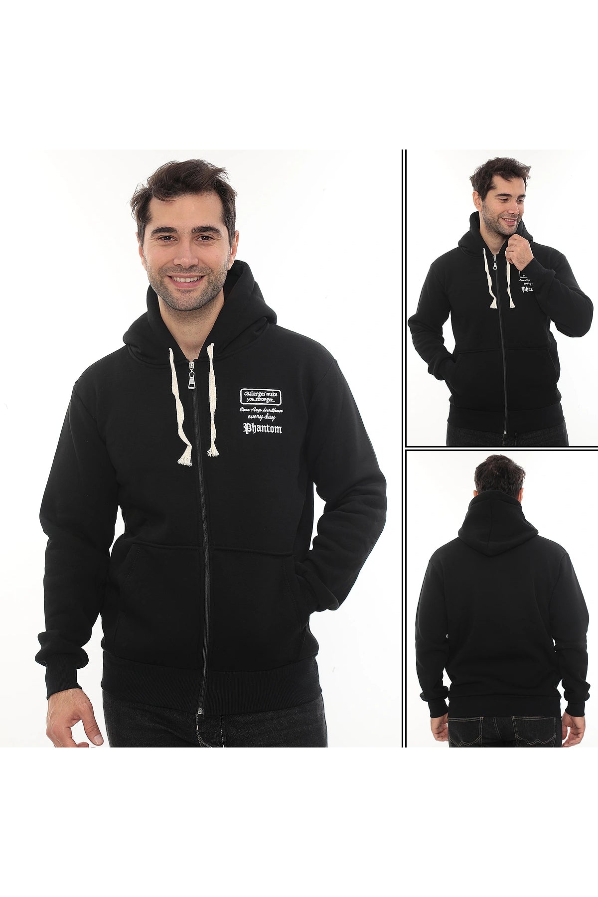 Erkek Siyah Standart Fit Normal Kesim Içi Polarlı Tam Fermuarlı Kapüşonlu Pamuklu Sweatshirt