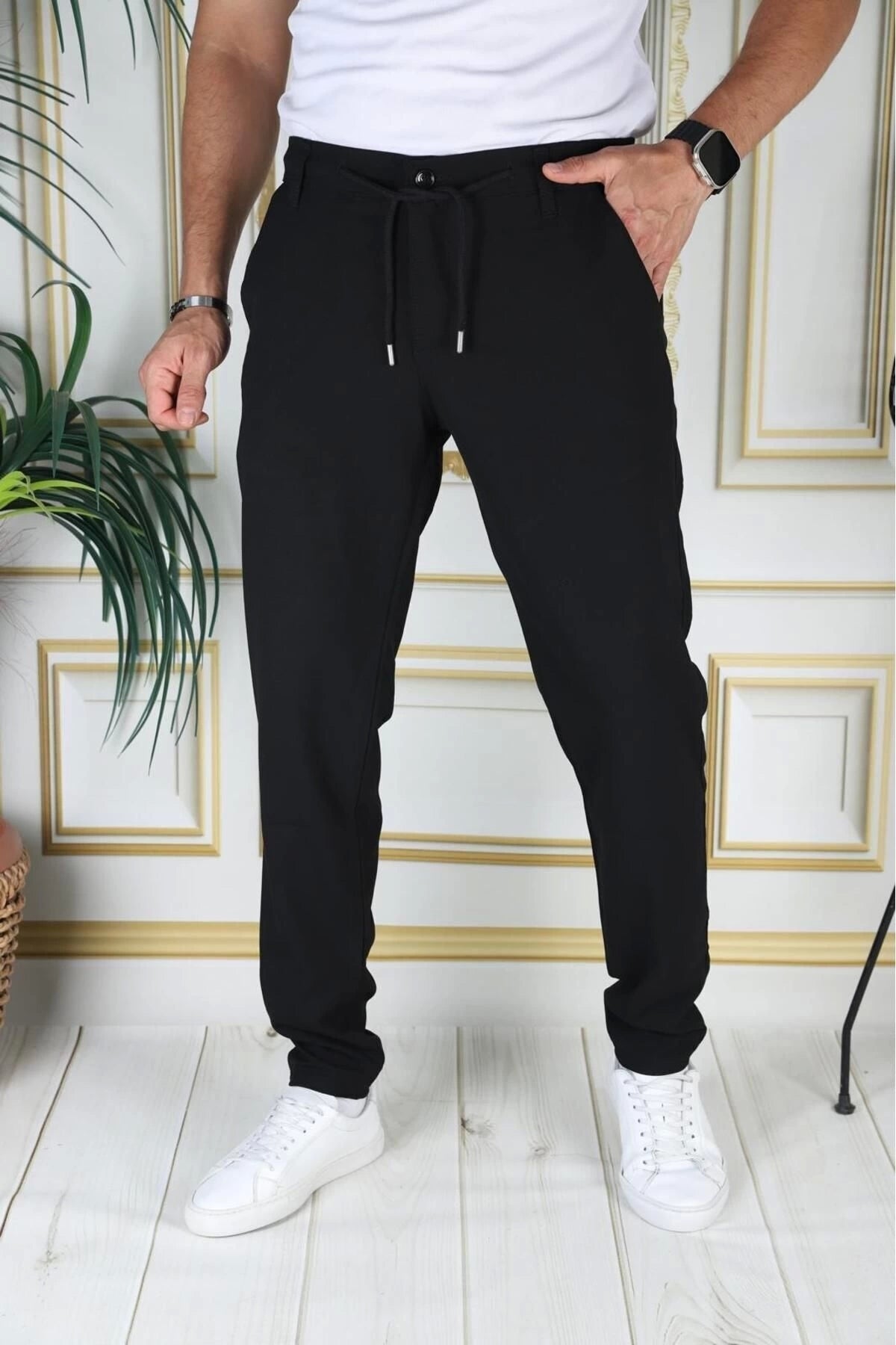 Erkek Siyah Italyan Kesim Kaliteli Esnek Slim Fit Likralı Lastikli Şık Koton Kumaş Pantolon Okul