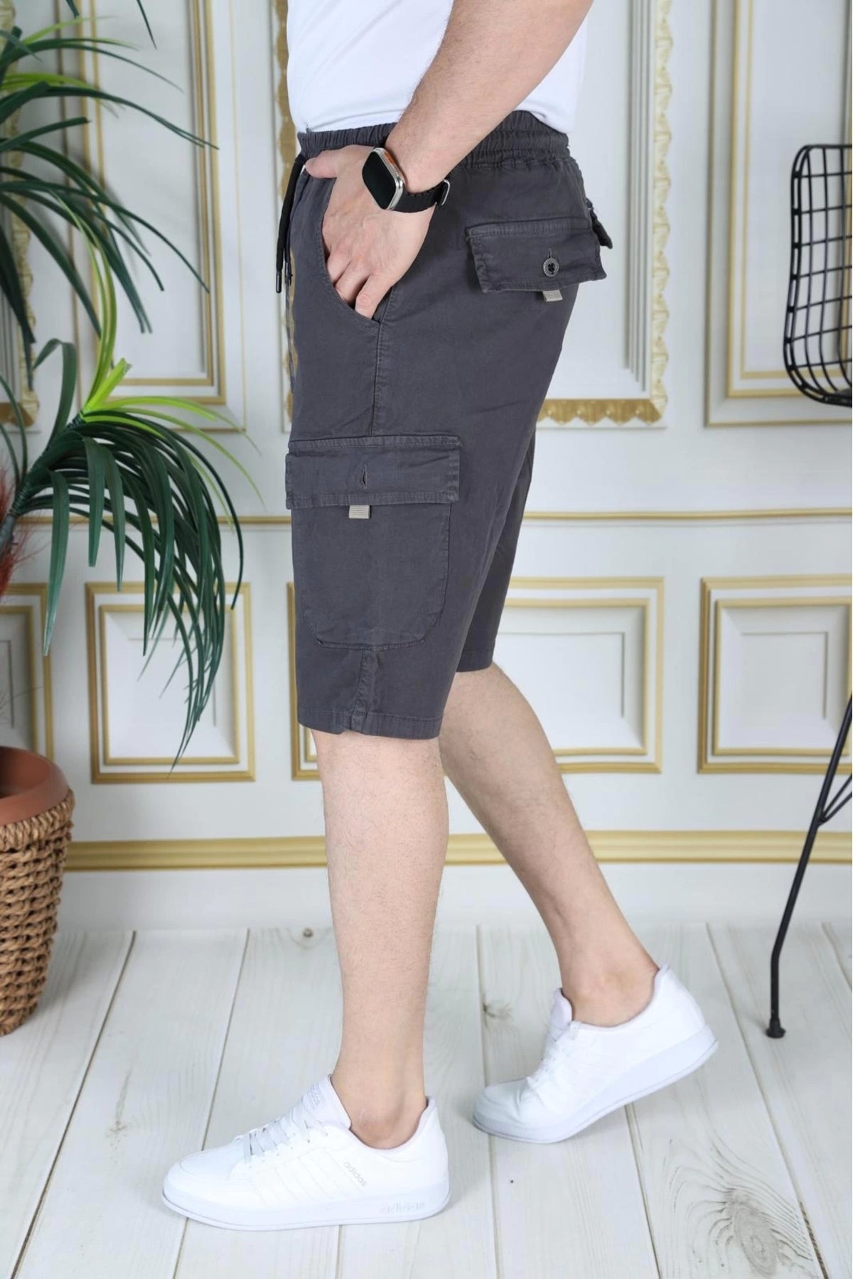 Erkek Füme Likralı Gabardin Şort Kargo Cepli Pamuklu Beli Lastikli Bağcıklı Basic Şort