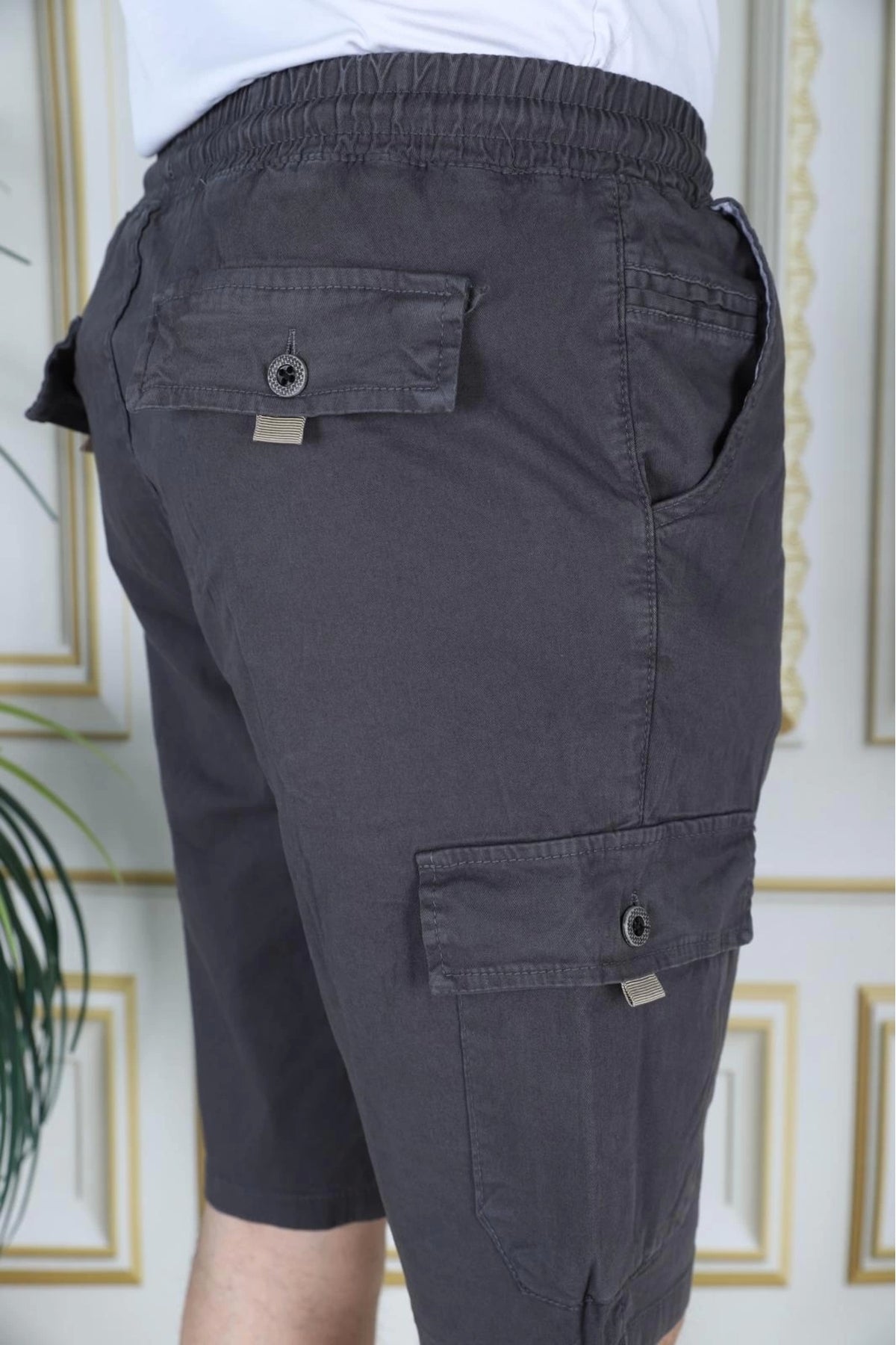 Erkek Haki Likralı Gabardin Şort Kargo Cepli Pamuklu Beli Lastikli Bağcıklı Basic Şort