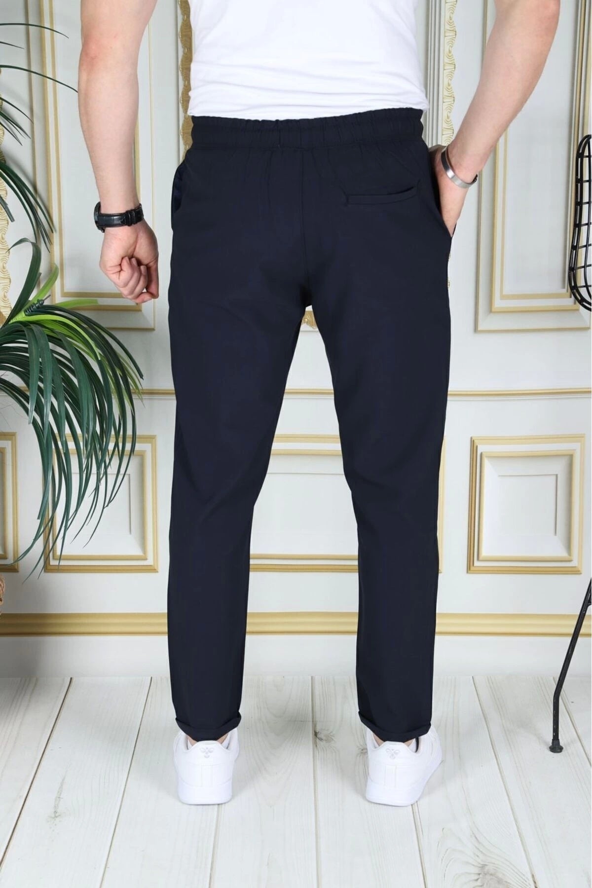 Erkek Lacivert Italyan Kesim Esnek Slim Fit Likralı Lastikli Duble Paça Kumaş Pantolon Okul