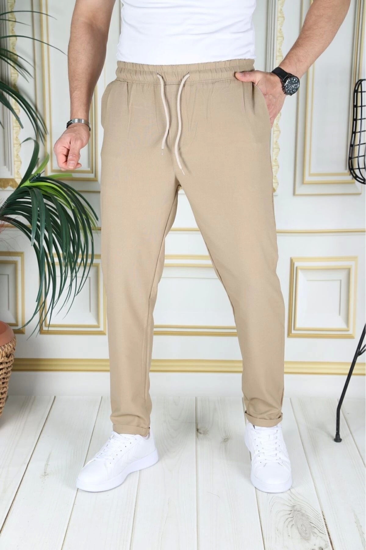 Erkek Hardal Italyan Kesim Esnek Slim Fit Likralı Lastikli Duble Paça Kumaş Pantolon Okul