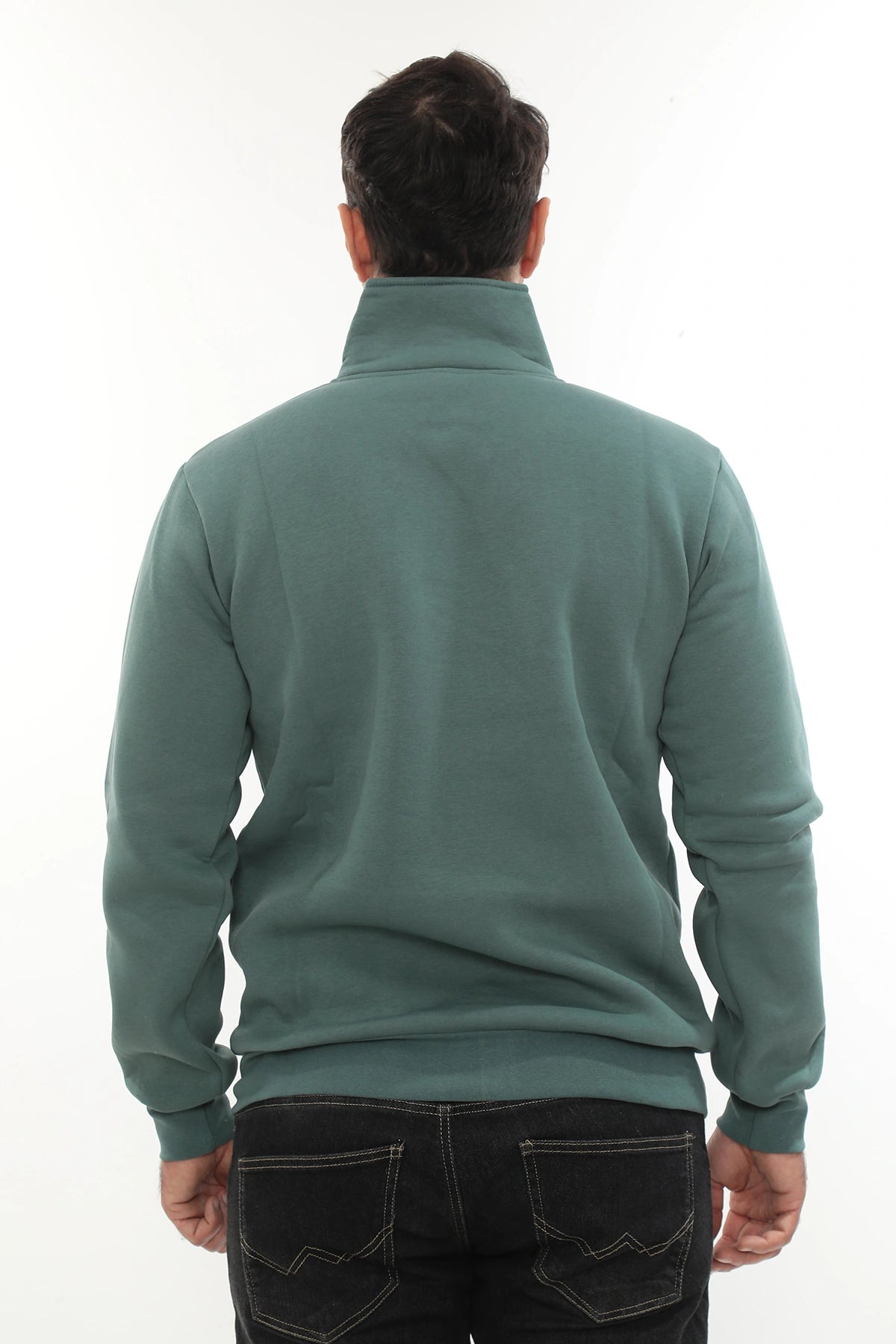 Erkek Petrol Standart Fit Normal Kesim Içi Polarlı Yarım Fermuarlı Dik Bato Yaka Pamuklu Sweatshirt