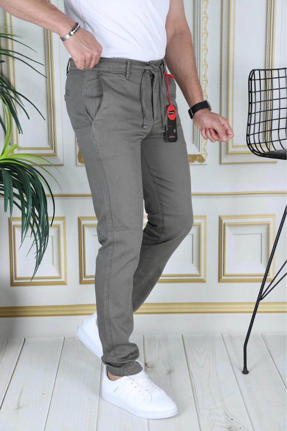 Erkek Haki Slim Fit Esnek Likralı Armürlü Keten Pantolon Bağcıklı Kemerli Beli Lastikli Şık Pantolon