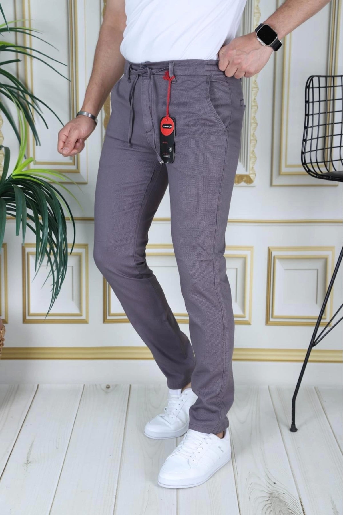 Erkek Füme Slim Fit Esnek Likralı Armürlü Keten Pantolon Bağcıklı Kemerli Beli Lastikli Şık Pantolon