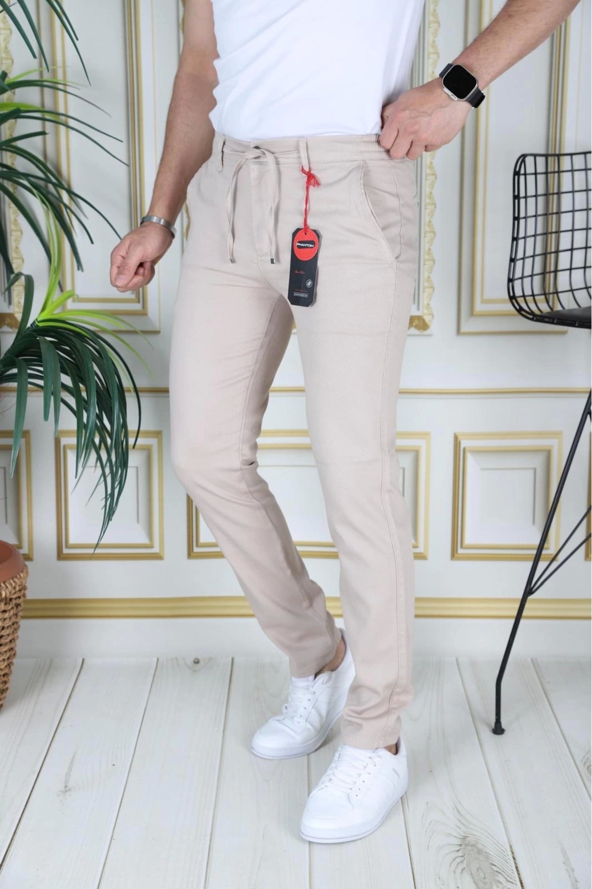 Erkek Krem Slim Fit Esnek Likralı Armürlü Keten Pantolon Bağcıklı Kemerli Beli Lastikli Şık Pantolon