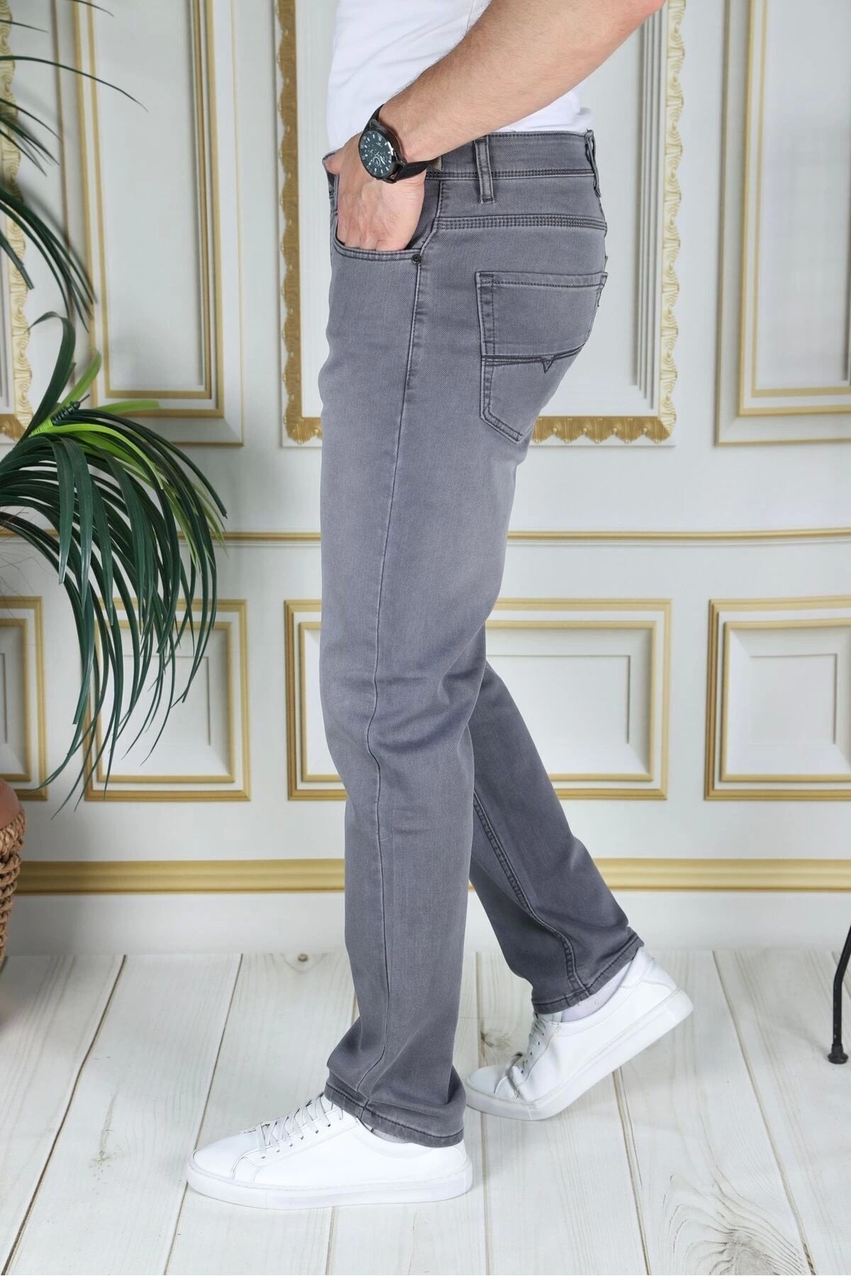 Erkek Gri Üstten Cepli Armürlü Regular Fit Rahat Kesim Esnek Chino Keten/kanvas Koton Pantolon