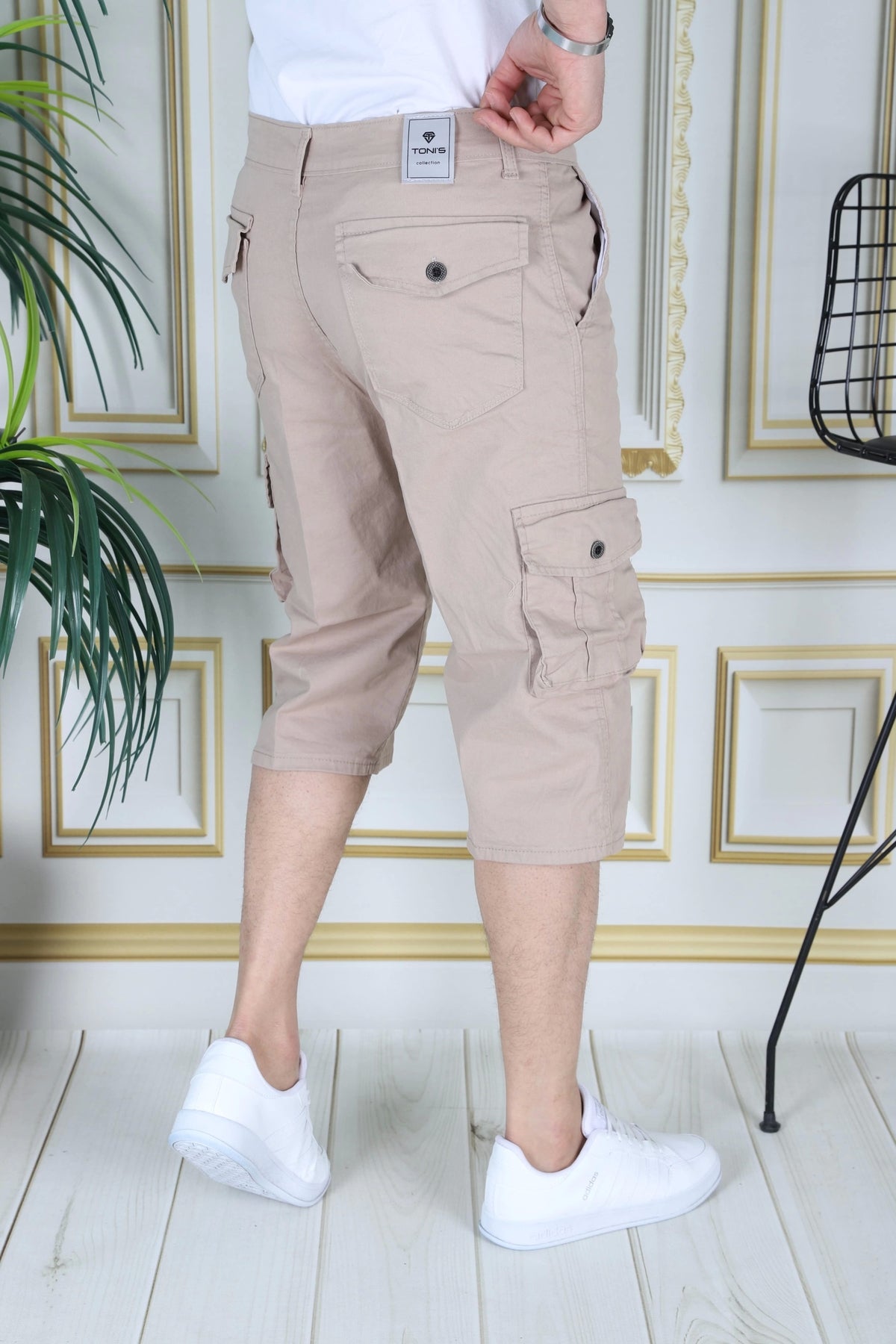 Krem Erkek Slim Fit Kapri Likralı Gabardin Diz Altı Kargo Cepli Bermuda