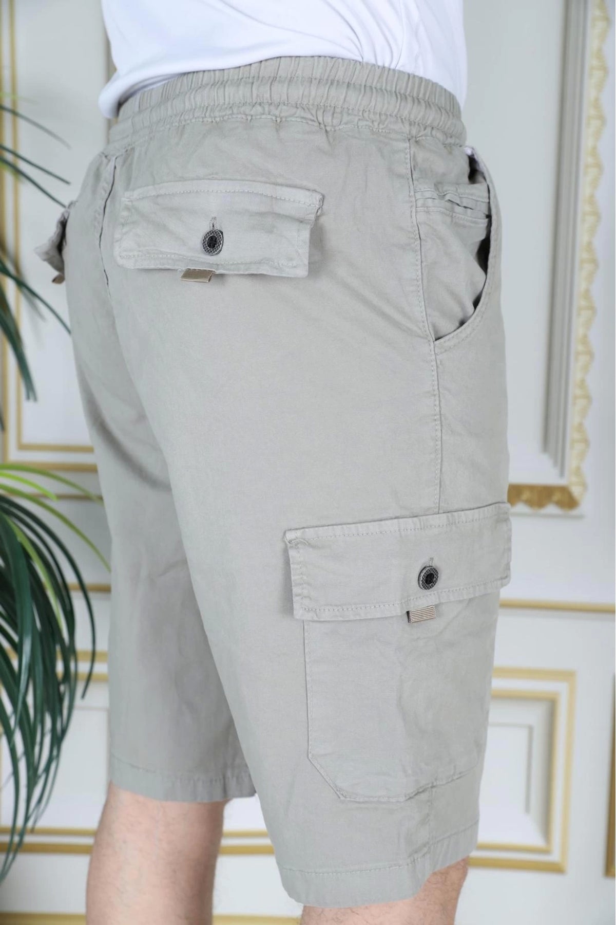 Erkek Su Yeşili Likralı Gabardin Şort Kargo Cepli Pamuklu Beli Lastikli Bağcıklı Basic Şort