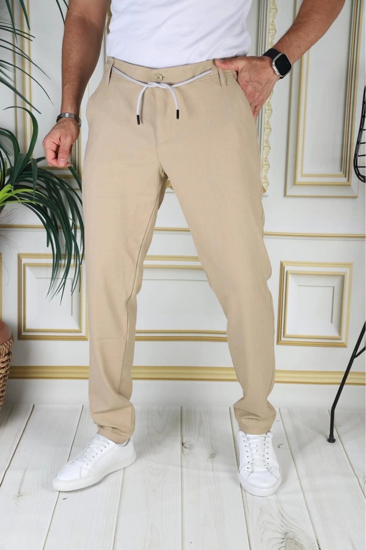 Erkek Hardal Italyan Kesim Kaliteli Esnek Slim Fit Likralı Lastikli Şık Koton Kumaş Pantolon Okul