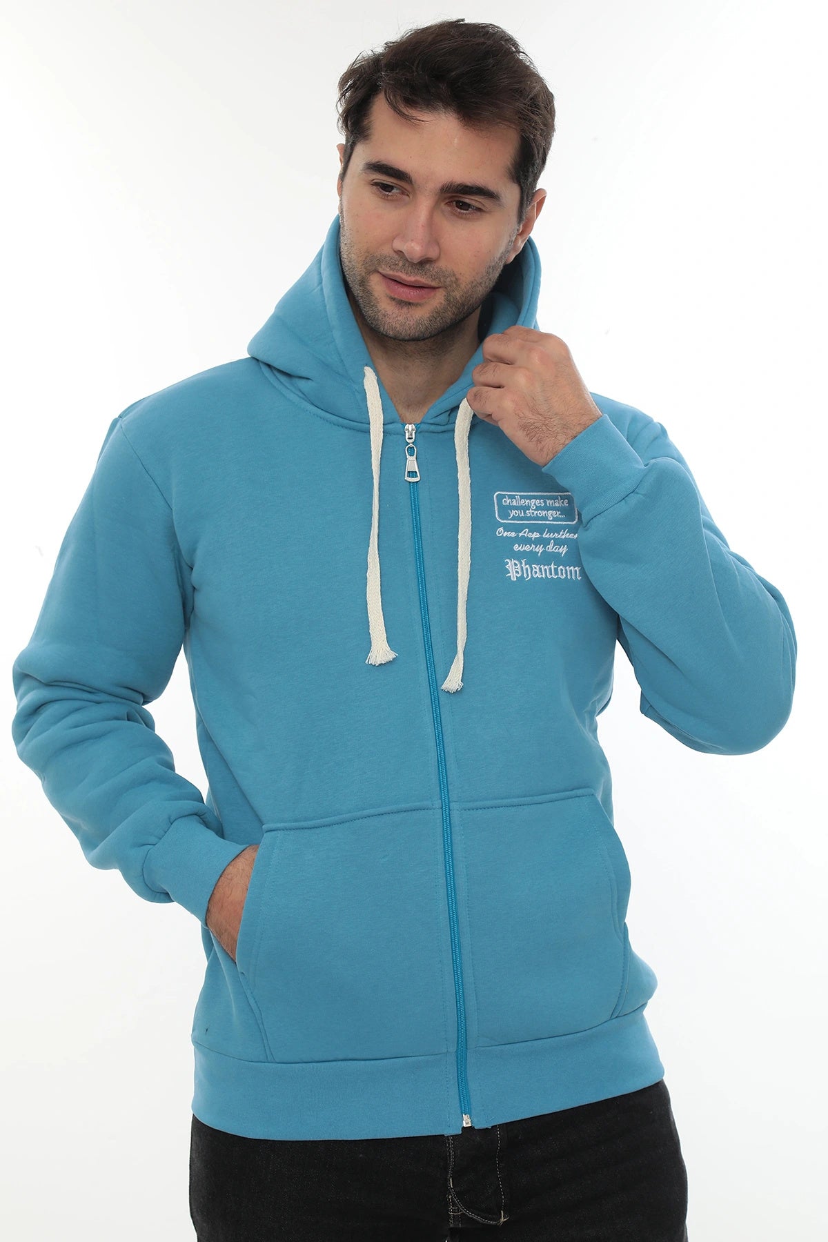 Erkek Turkuaz Standart Fit Normal Kesim Içi Polarlı Tam Fermuarlı Kapüşonlu Pamuklu Sweatshirt