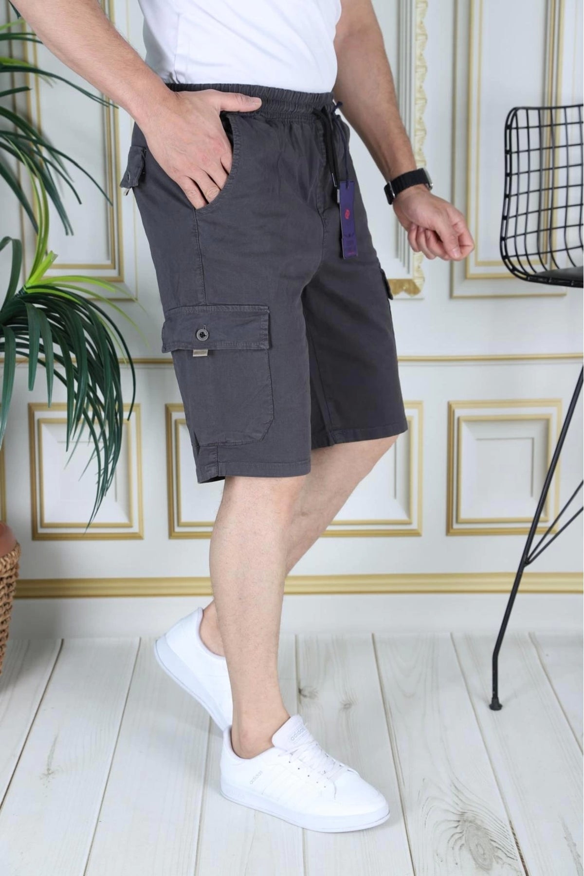 Erkek Füme Likralı Gabardin Şort Kargo Cepli Pamuklu Beli Lastikli Bağcıklı Basic Şort