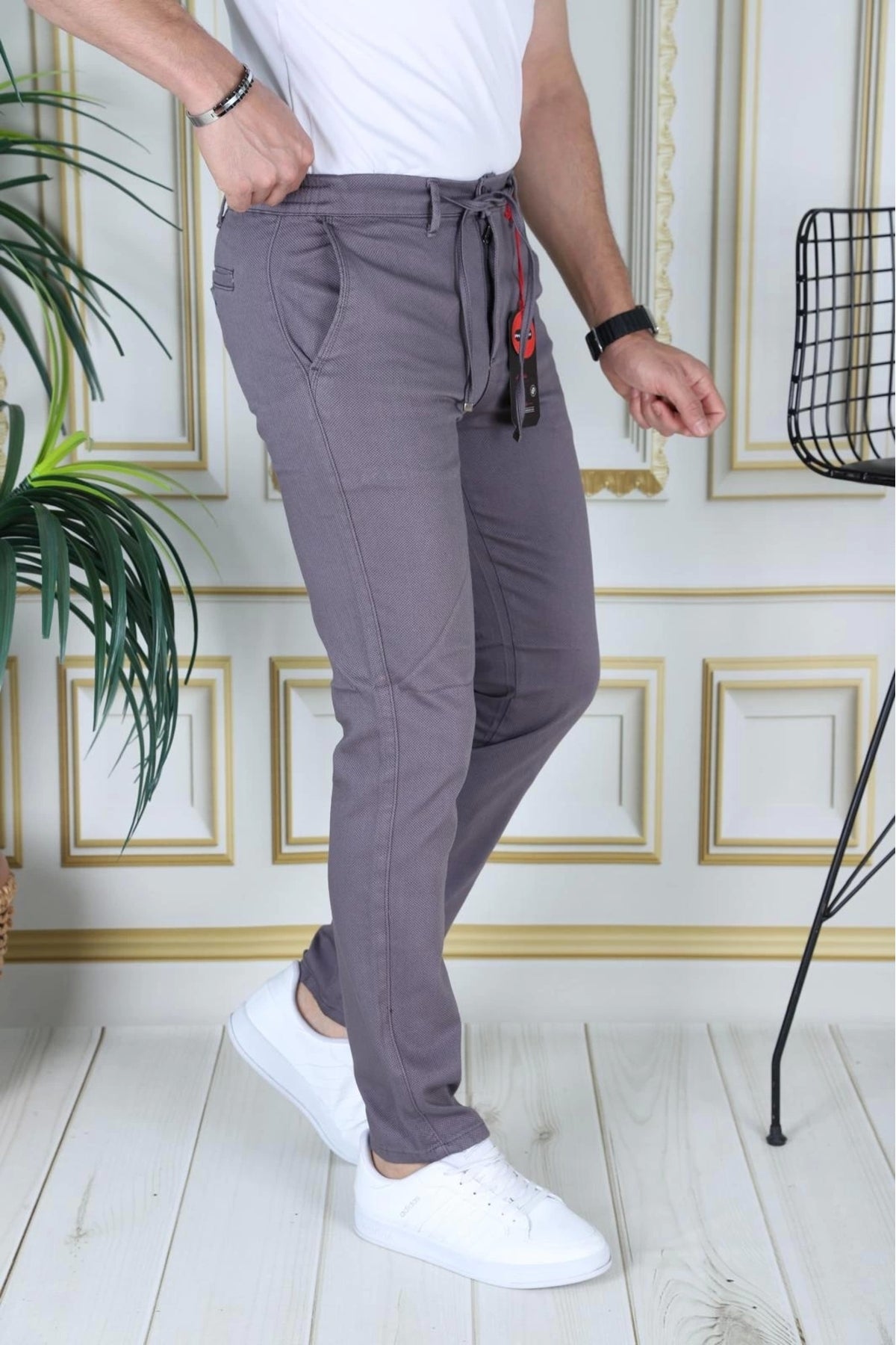 Erkek Füme Slim Fit Esnek Likralı Armürlü Keten Pantolon Bağcıklı Kemerli Beli Lastikli Şık Pantolon