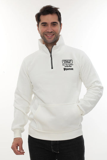 Erkek Beyaz Standart Fit Normal Kesim Içi Polarlı Yarım Fermuarlı Dik Bato Yaka Pamuklu Sweatshirt