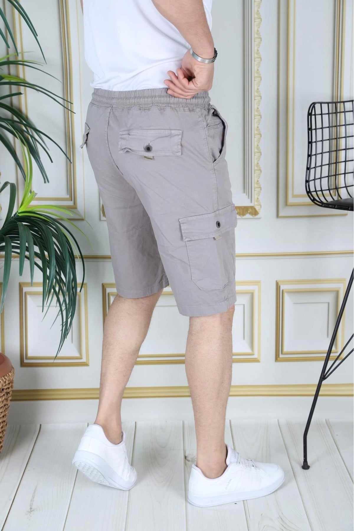 Erkek Taş Renk Likralı Gabardin Şort Kargo Cepli Pamuklu Beli Lastikli Bağcıklı Basic Şort