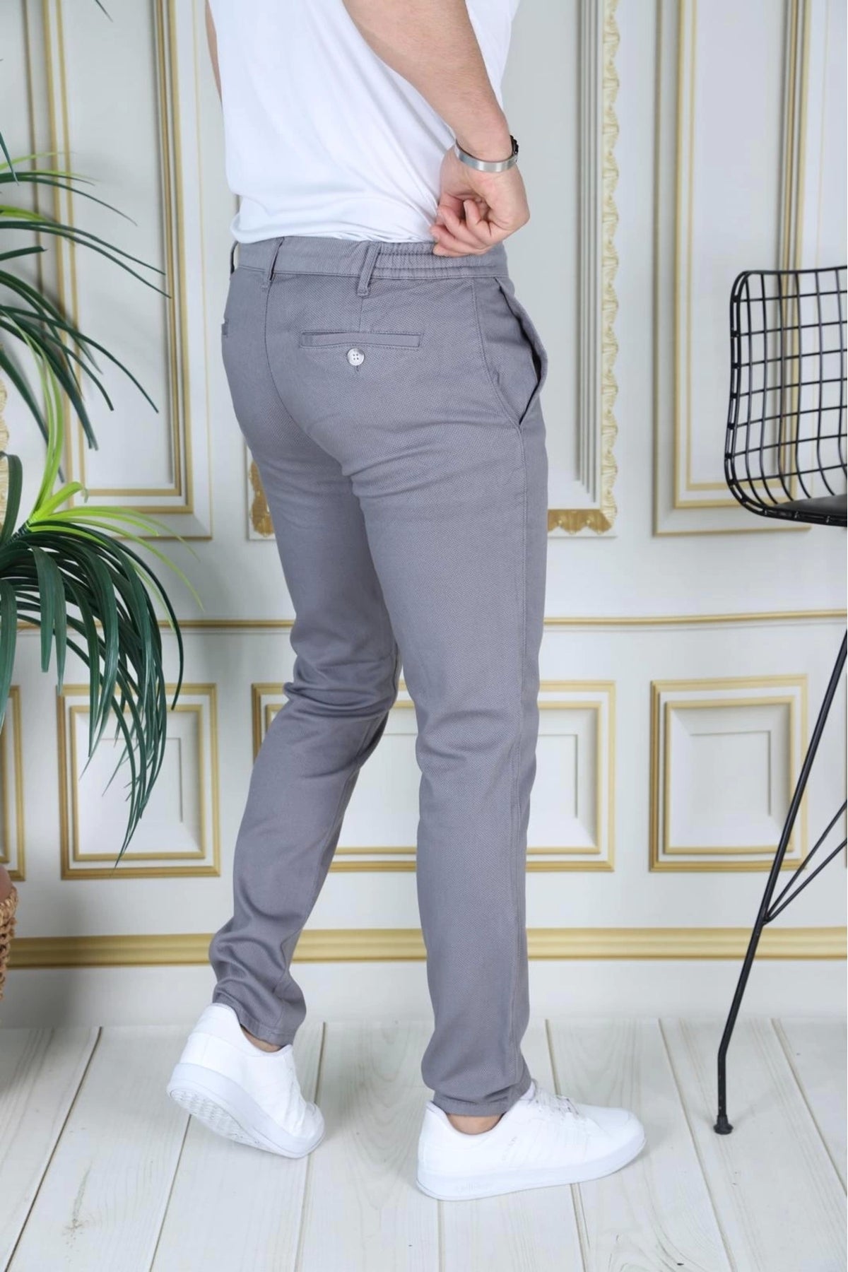 Erkek Gri Slim Fit Esnek Likralı Armürlü Keten Pantolon Bağcıklı Kemerli Beli Lastikli Şık Pantolon