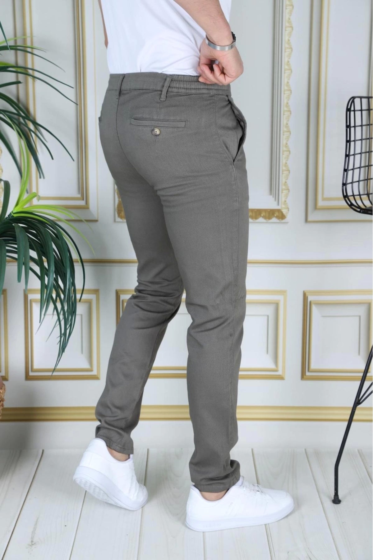 Erkek Haki Slim Fit Esnek Likralı Armürlü Keten Pantolon Bağcıklı Kemerli Beli Lastikli Şık Pantolon