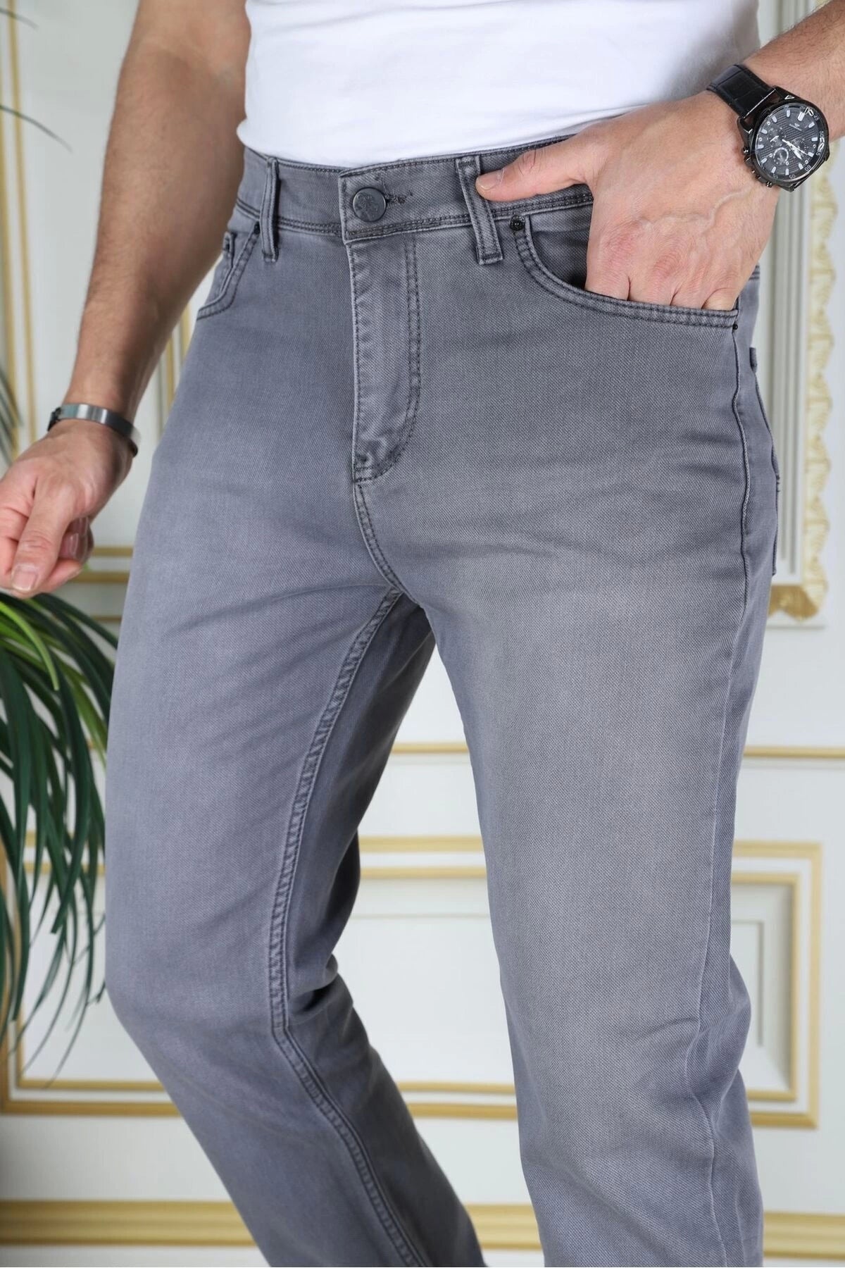 Erkek Gri Üstten Cepli Armürlü Regular Fit Rahat Kesim Esnek Chino Keten/kanvas Koton Pantolon