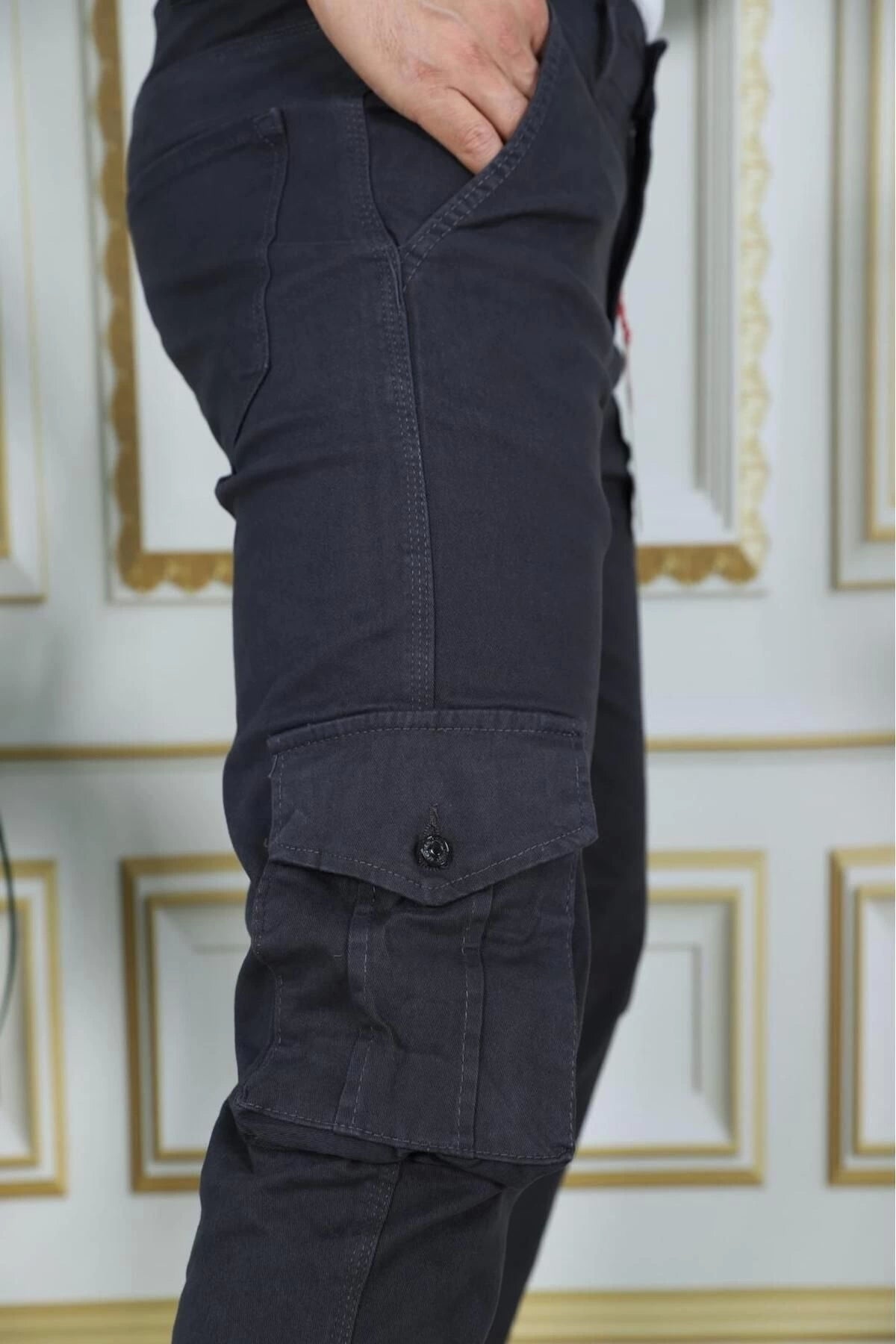 Erkek Füme Likralı Kargo Pantolon Esnek Gabardin/kanvas Körüklü Cep Komando Kargo Cep Şık Pantolon