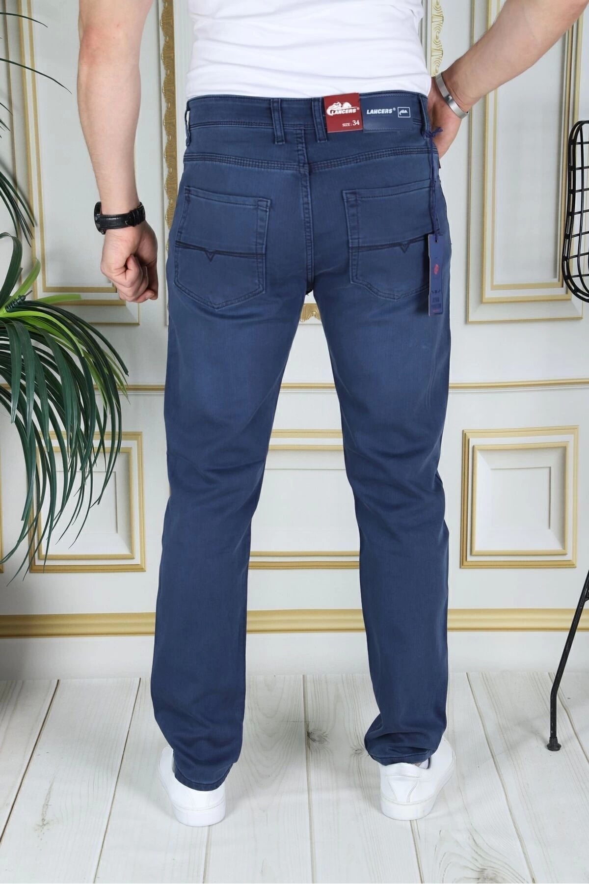 Erkek Mavi Üstten Cepli Armürlü Regular Fit Rahat Kesim Esnek Chino Keten/kanvas Koton Pantolon