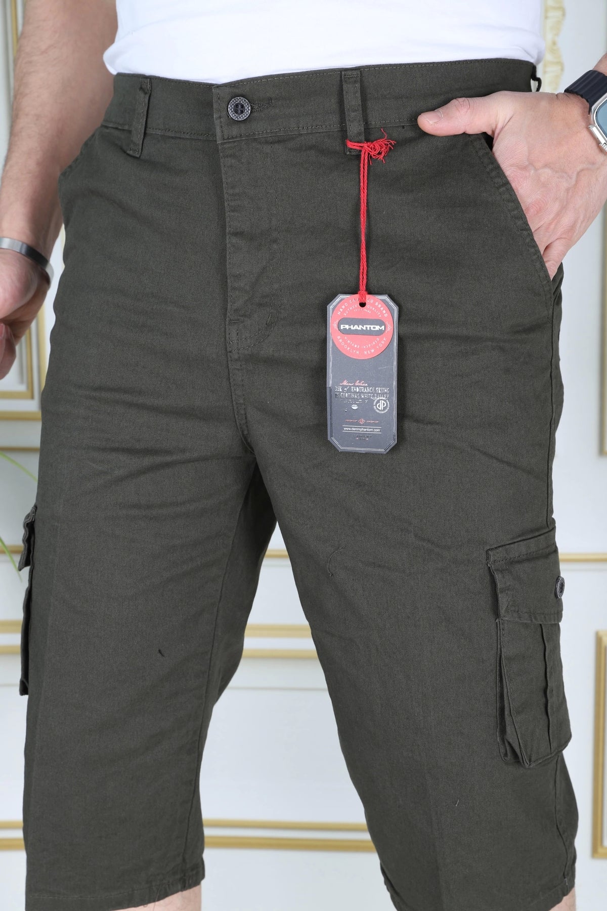 Haki Erkek Slim Fit Kapri Likralı Gabardin Diz Altı Kargo Cepli Bermuda Baba-Genç