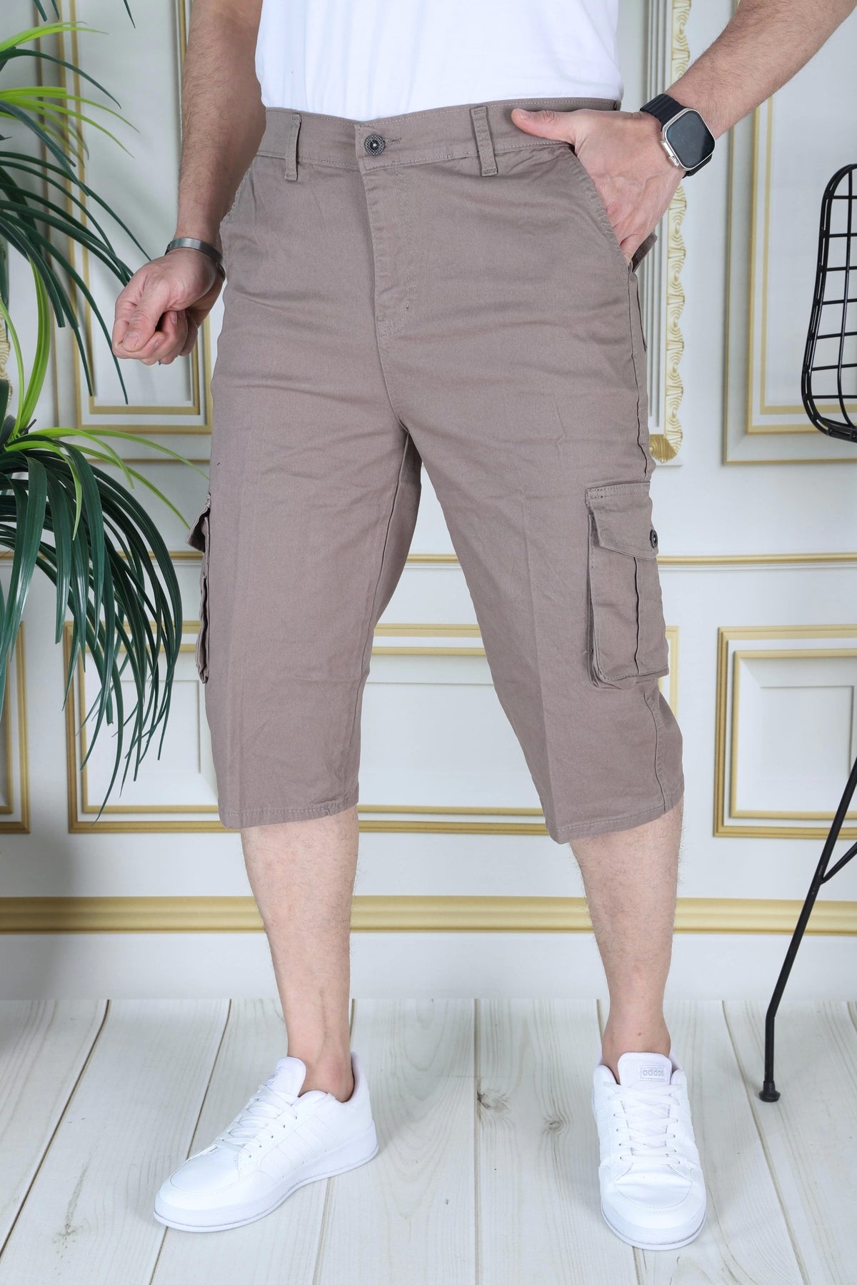 Kahverengi Erkek Regular Fit Kapri Likralı Gabardin Diz Altı Kargo Cepli Bermuda Baba-Genç
