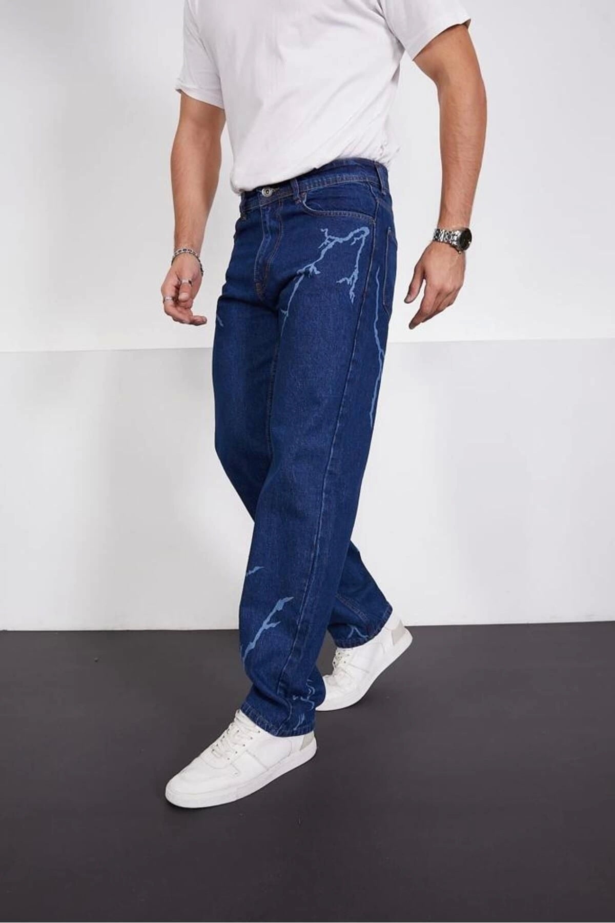 Koyu Mavi Şimşek-yıldırım Desenli Baggy Kot Pantolon Oversize Jeans Lazer Baskılı Phantom Jeans