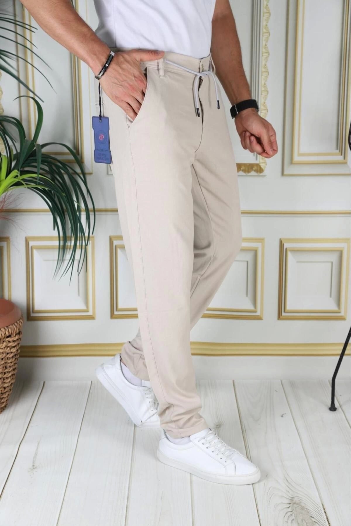 Erkek Bej Italyan Kesim Kaliteli Esnek Slim Fit Likralı Lastikli Ipli Şık Koton Kumaş Pantolon Okul