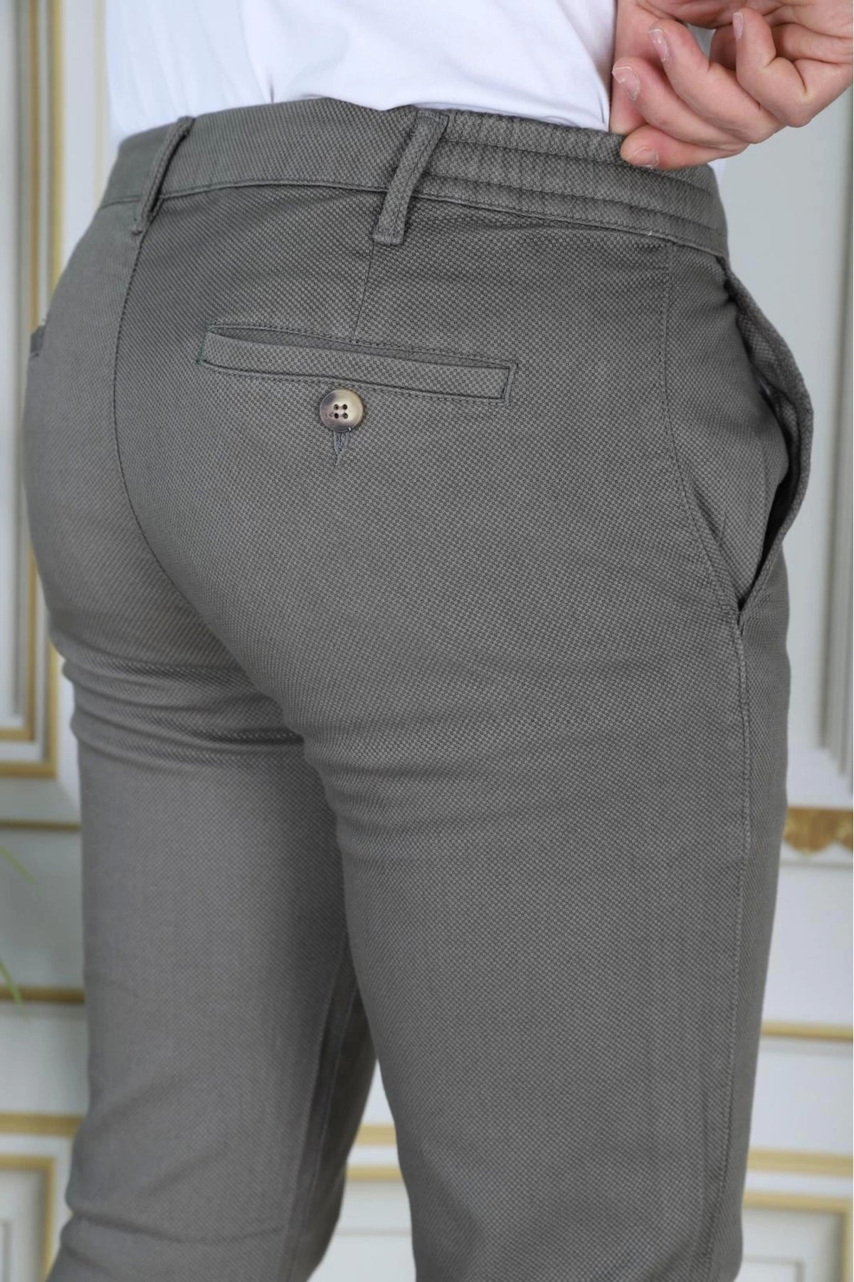 Erkek Haki Slim Fit Esnek Likralı Armürlü Keten Pantolon Bağcıklı Kemerli Beli Lastikli Şık Pantolon