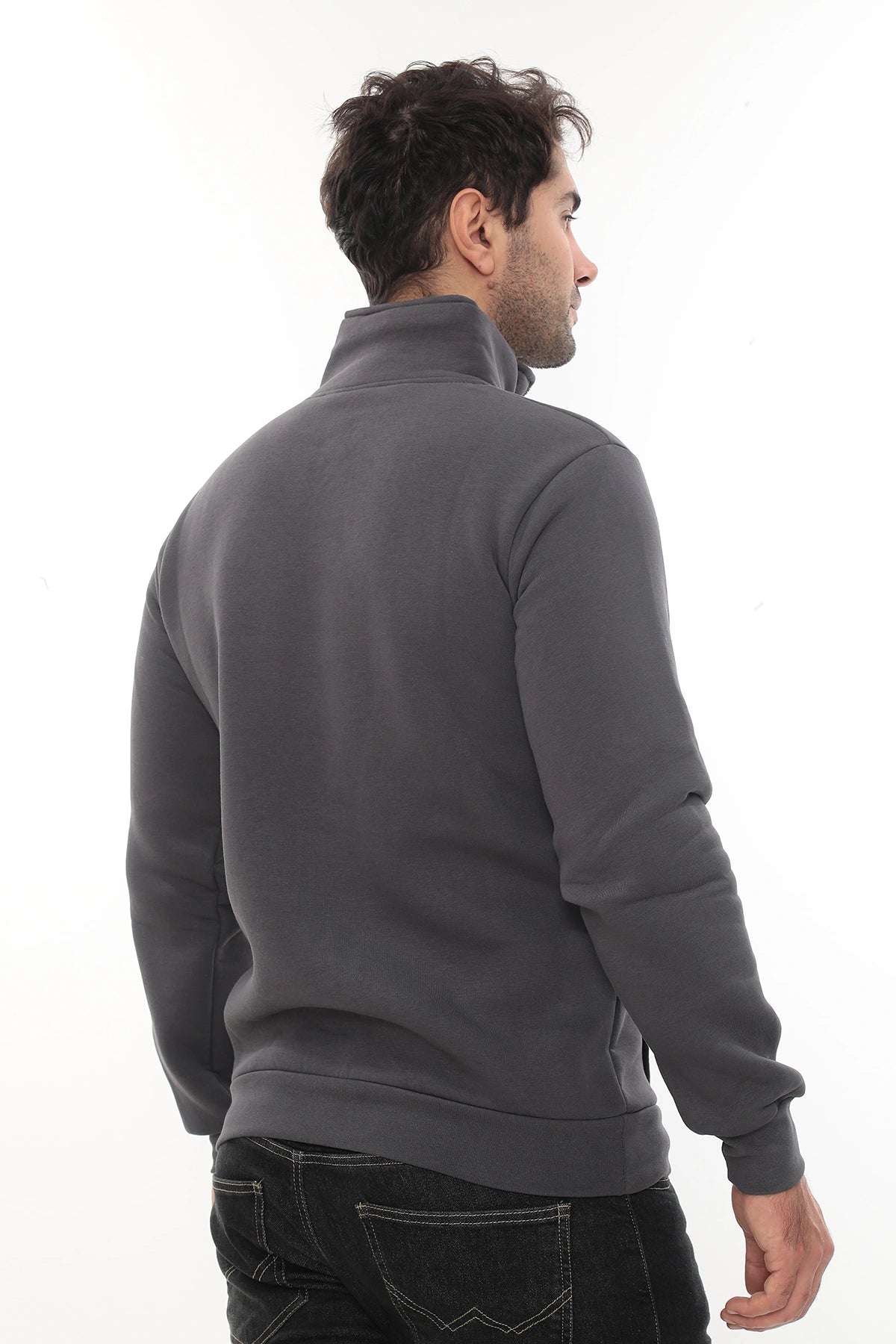 Erkek Füme Standart Fit Normal Kesim Içi Polarlı Yarım Fermuarlı Dik Bato Yaka Pamuklu Sweatshirt