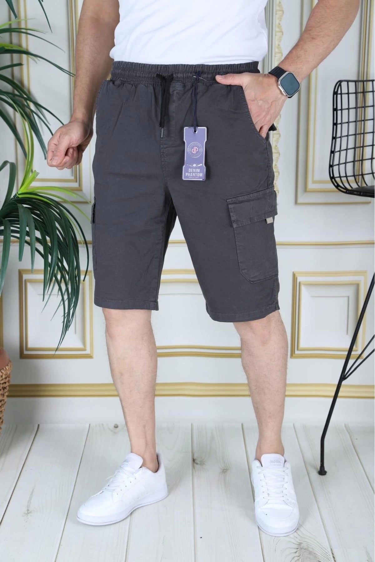 Erkek Füme Likralı Gabardin Şort Kargo Cepli Pamuklu Beli Lastikli Bağcıklı Basic Şort