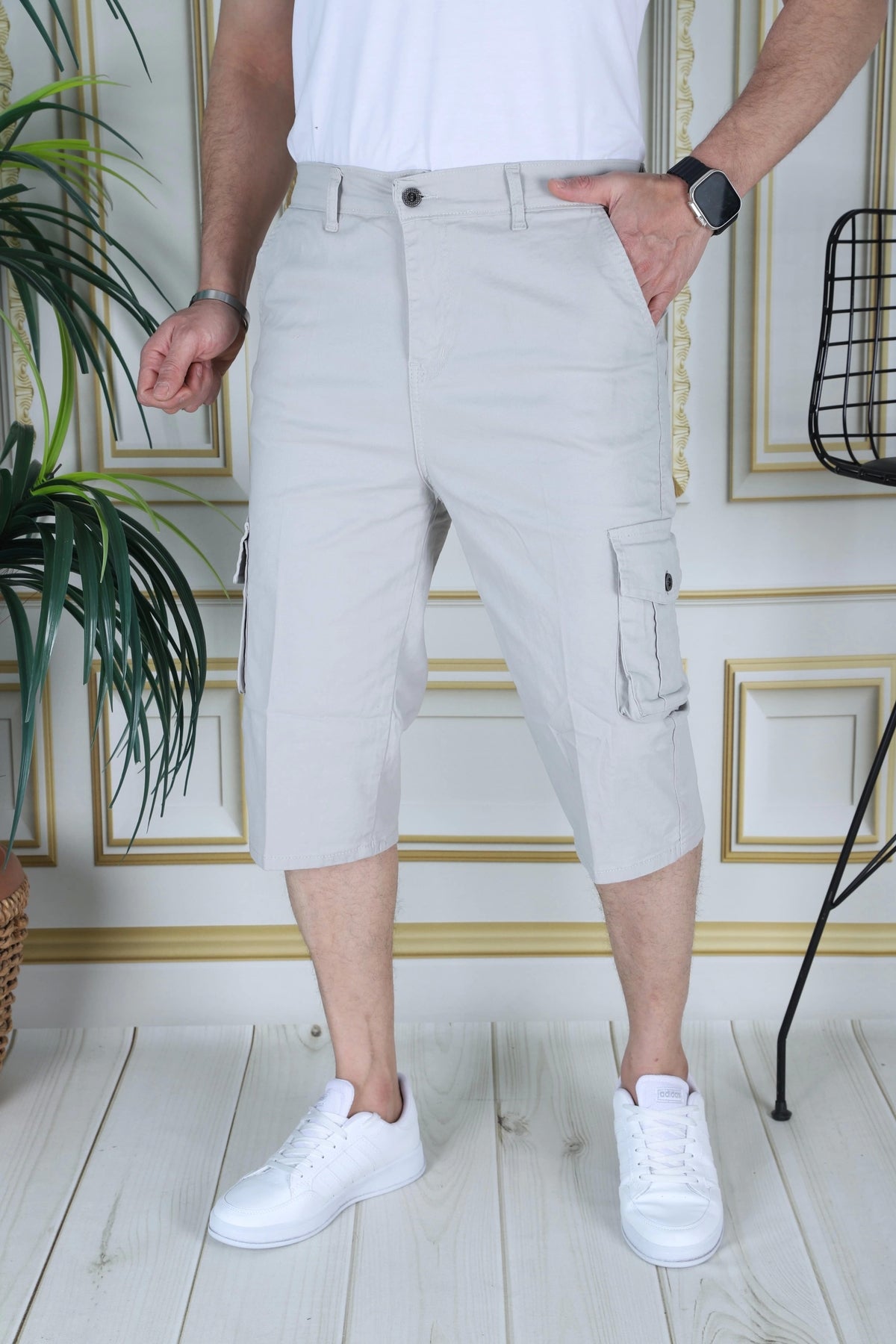 Taş Erkek Slim Fit Kapri Likralı Gabardin Diz Altı Kargo Cepli Bermuda