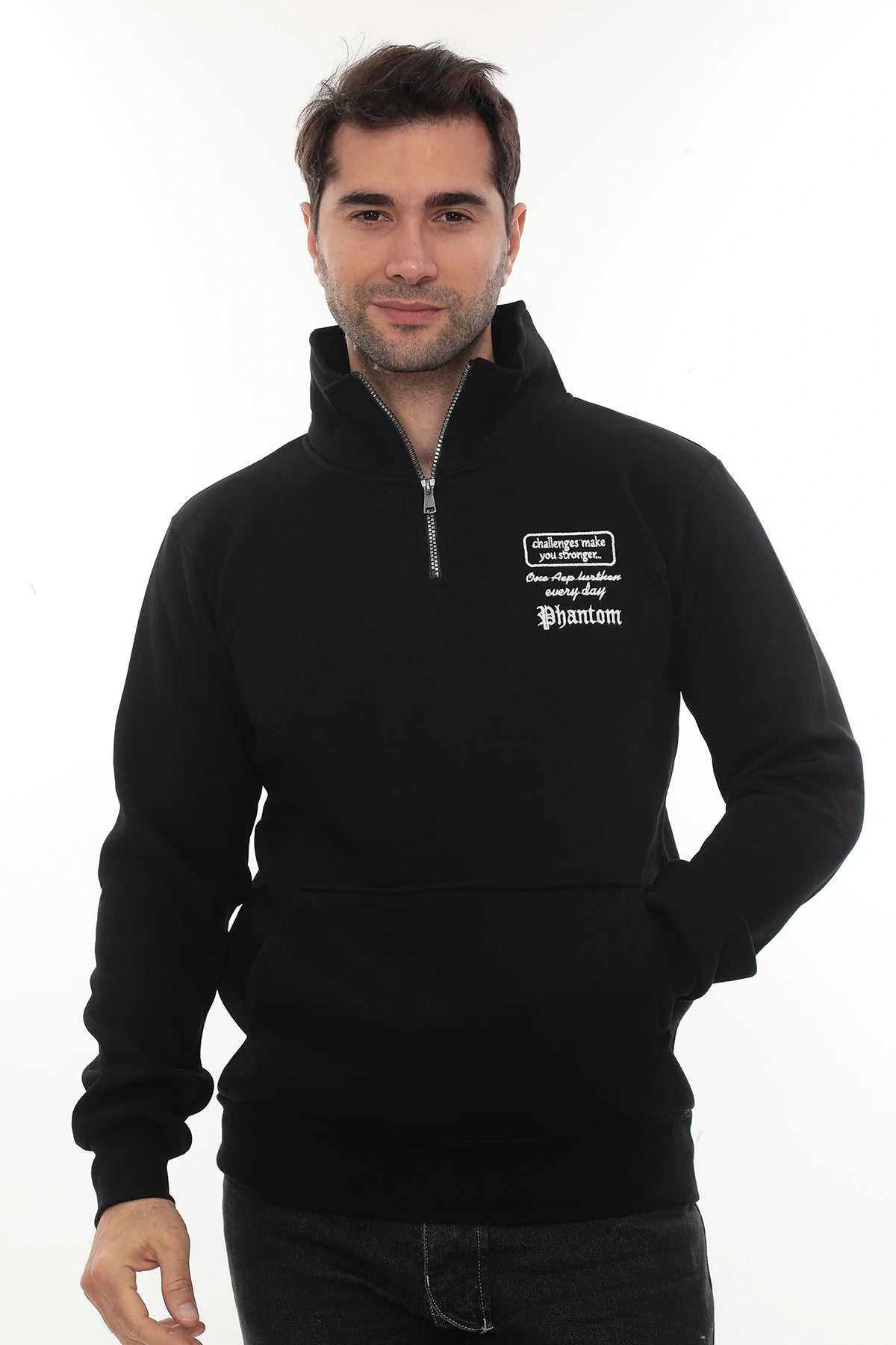Erkek Siyah Standart Fit Normal Kesim Içi Polarlı Yarım Fermuarlı Dik Bato Yaka Pamuklu Sweatshirt