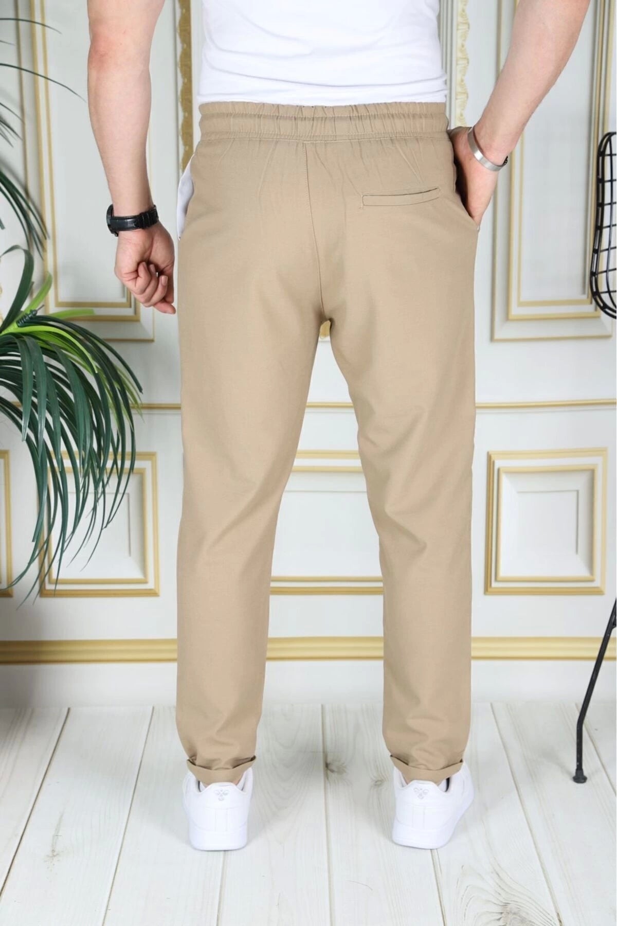 Erkek Hardal Italyan Kesim Esnek Slim Fit Likralı Lastikli Duble Paça Kumaş Pantolon Okul