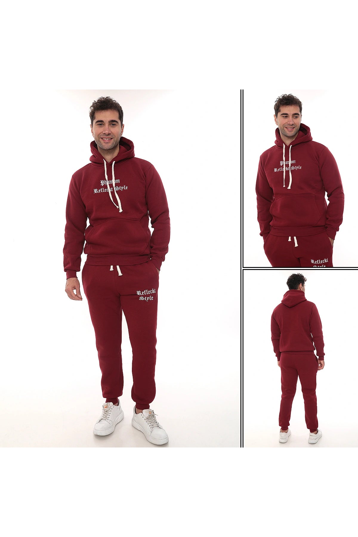 Bordo Şık İçi Polarlı Erkek Eşofman Takımı Paça Lastikli Cepli Kapüşonlu Nakış Detaylı Compact Takım