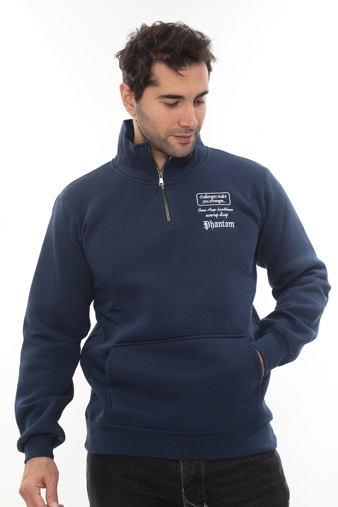 Erkek Mavi Standart Fit Normal Kesim Içi Polarlı Yarım Fermuarlı Dik Bato Yaka Pamuklu Sweatshirt