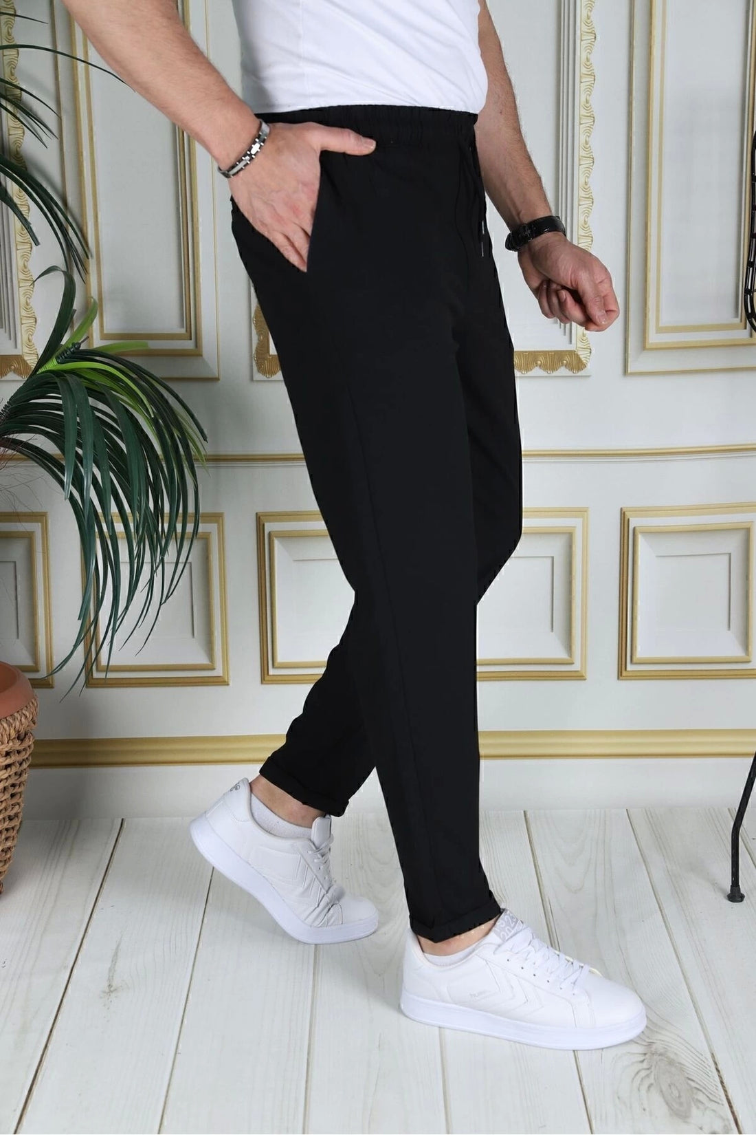 Erkek Siyah Italyan Kesim Kaliteli Esnek Slim Fit Likralı Lastikli Duble Paça Kumaş Pantolon Okul