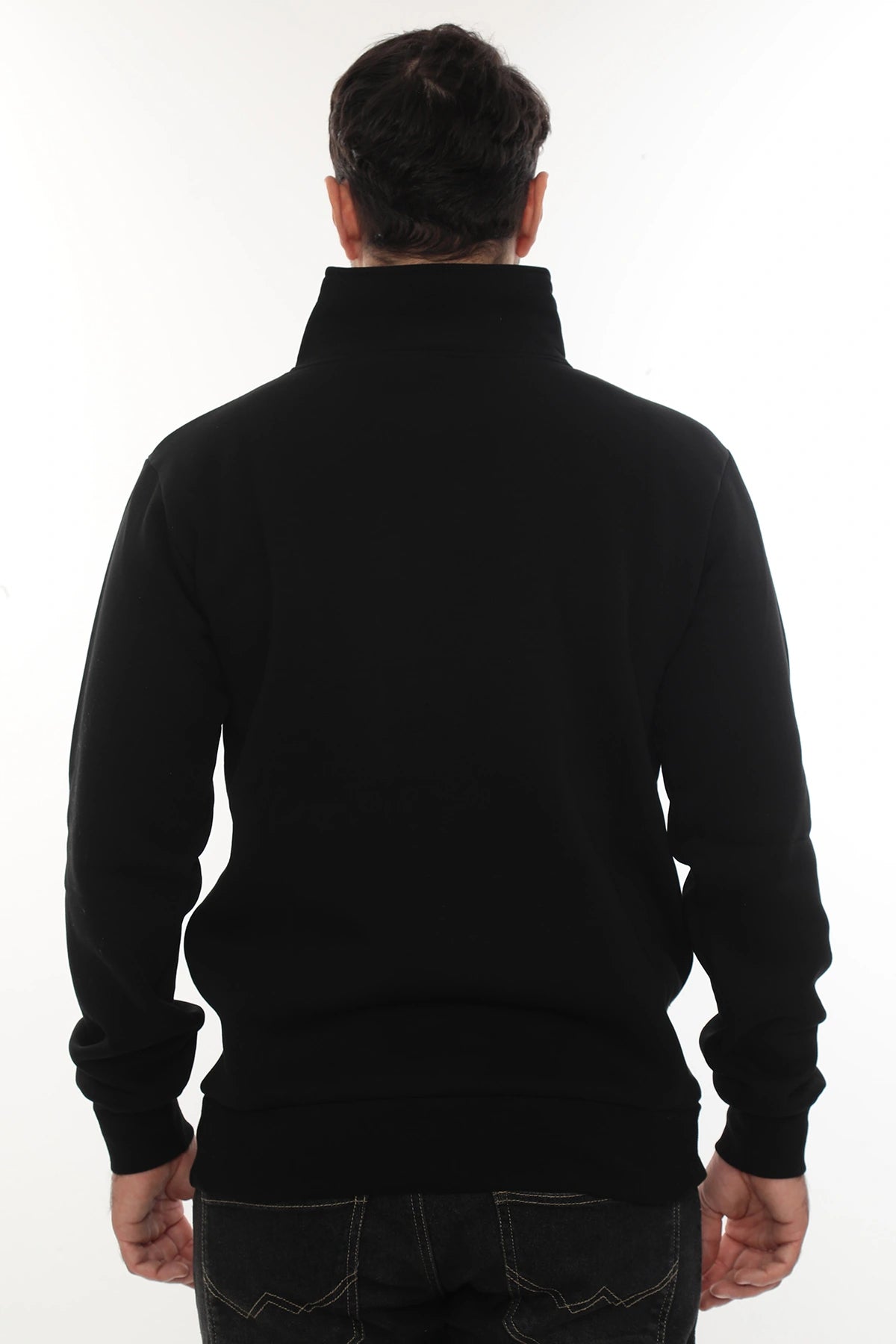 Erkek Siyah Standart Fit Normal Kesim Içi Polarlı Yarım Fermuarlı Dik Bato Yaka Pamuklu Sweatshirt