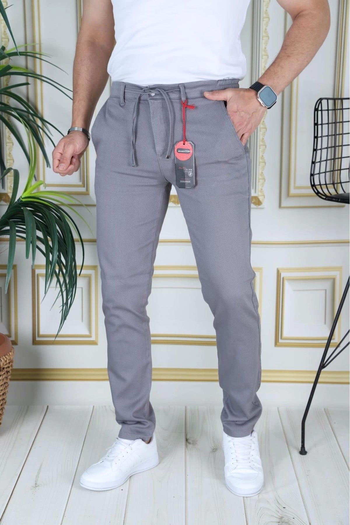 Erkek Gri Slim Fit Esnek Likralı Armürlü Keten Pantolon Bağcıklı Kemerli Beli Lastikli Şık Pantolon