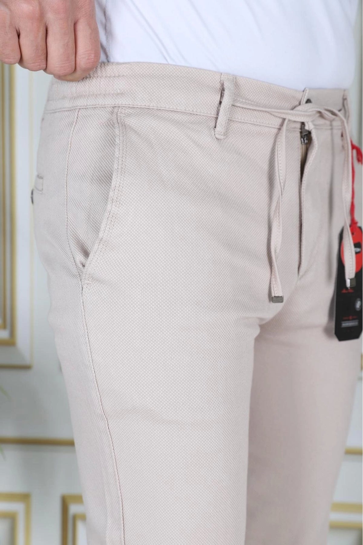 Erkek Krem Slim Fit Esnek Likralı Armürlü Keten Pantolon Bağcıklı Kemerli Beli Lastikli Şık Pantolon