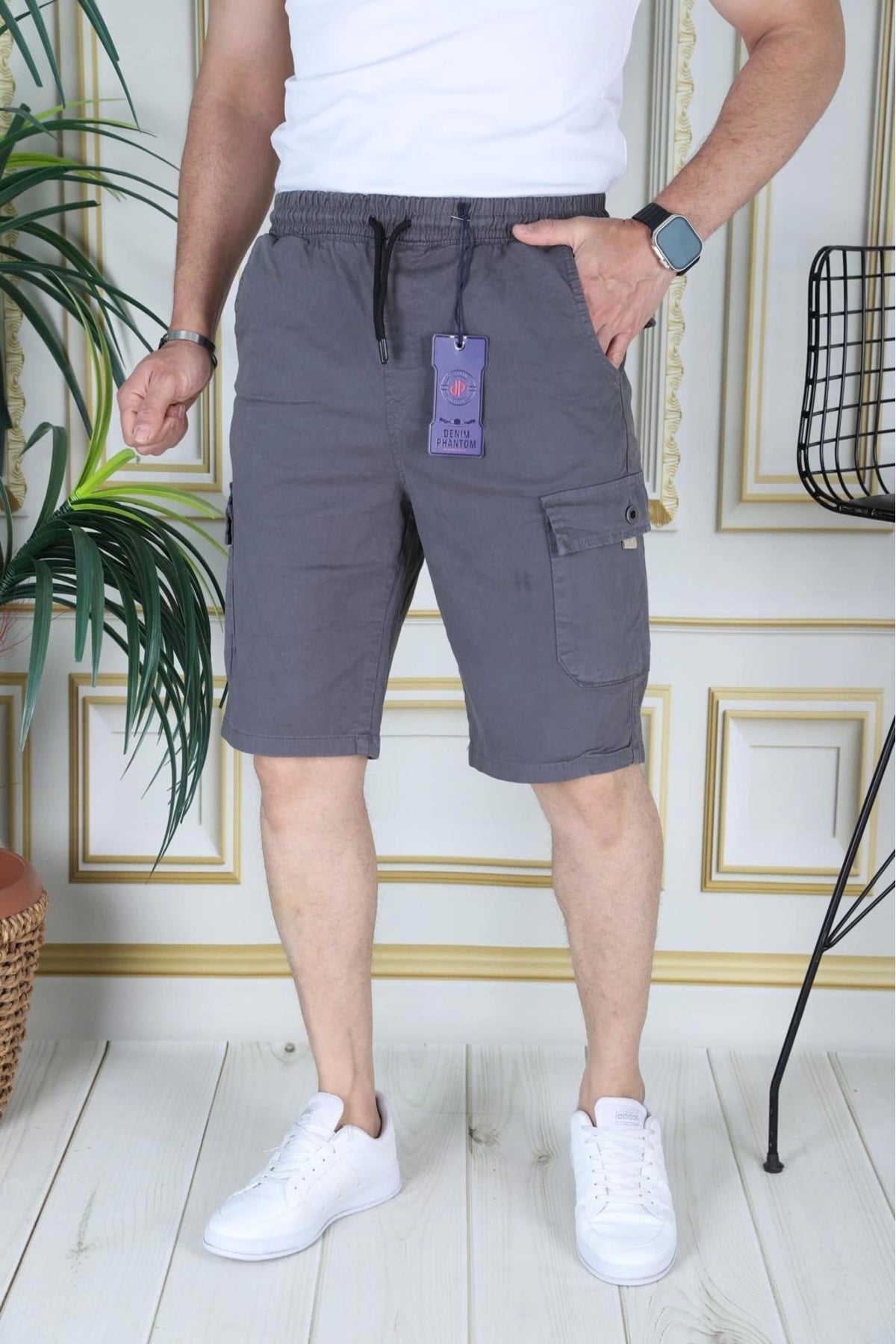 Erkek Gri Likralı Gabardin Şort Kargo Cepli Pamuklu Beli Lastikli Bağcıklı Basic Şort