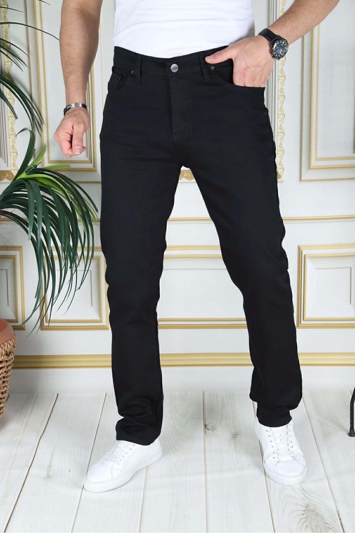 Erkek Siyah Üstten Cepli Armürlü Regular Fit Rahat Kesim Esnek Chino Keten/kanvas Koton Pantolon