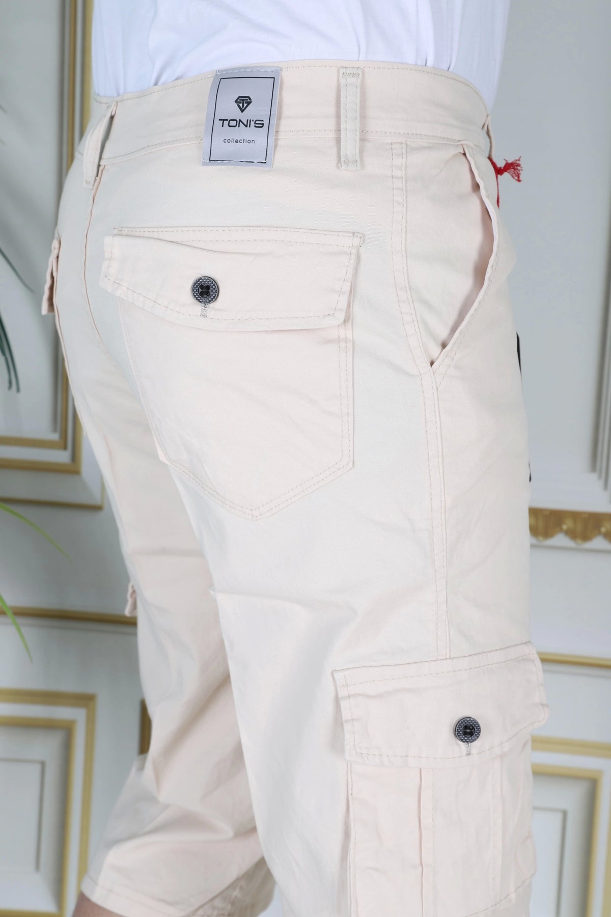 Bej Erkek Slim Fit Kapri Likralı Gabardin Diz Altı Kargo Cepli Bermuda