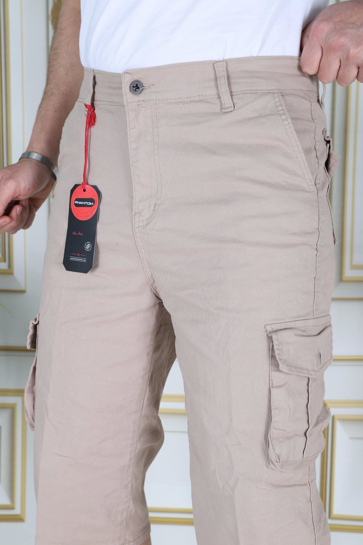 Krem Erkek Slim Fit Kapri Likralı Gabardin Diz Altı Kargo Cepli Bermuda