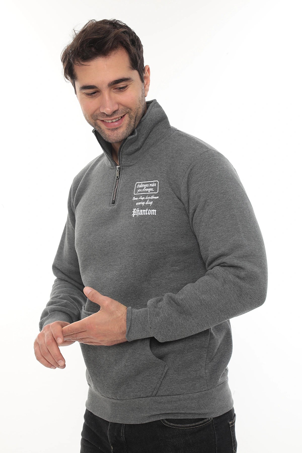Erkek Gri Standart Fit Normal Kesim Içi Polarlı Yarım Fermuarlı Dik Bato Yaka Pamuklu Sweatshirt